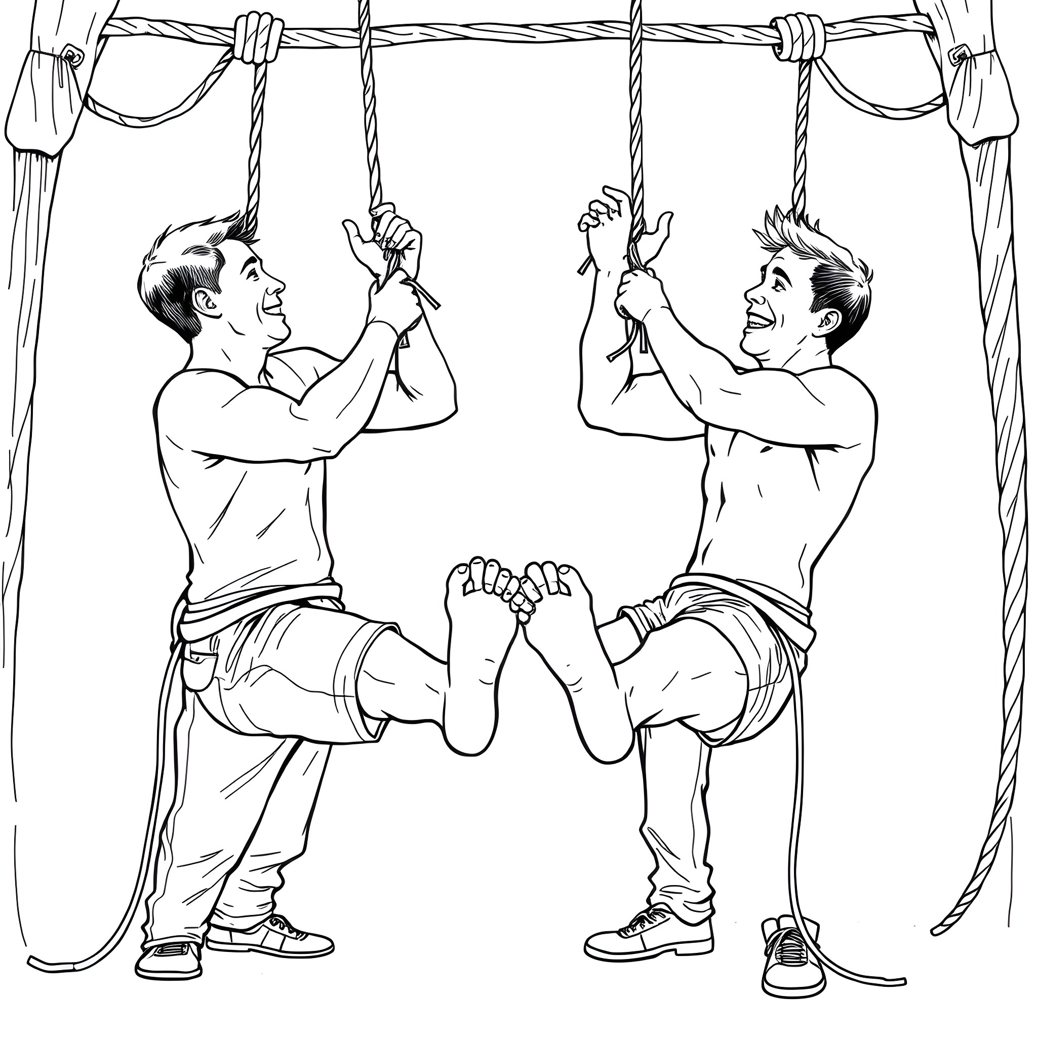Guys engaging in rope-based exercise activity Coloring Page (free black-and-white line drawing printable PDF for all, from beginners to advanced learners, including children, teens, adults, and seniors)