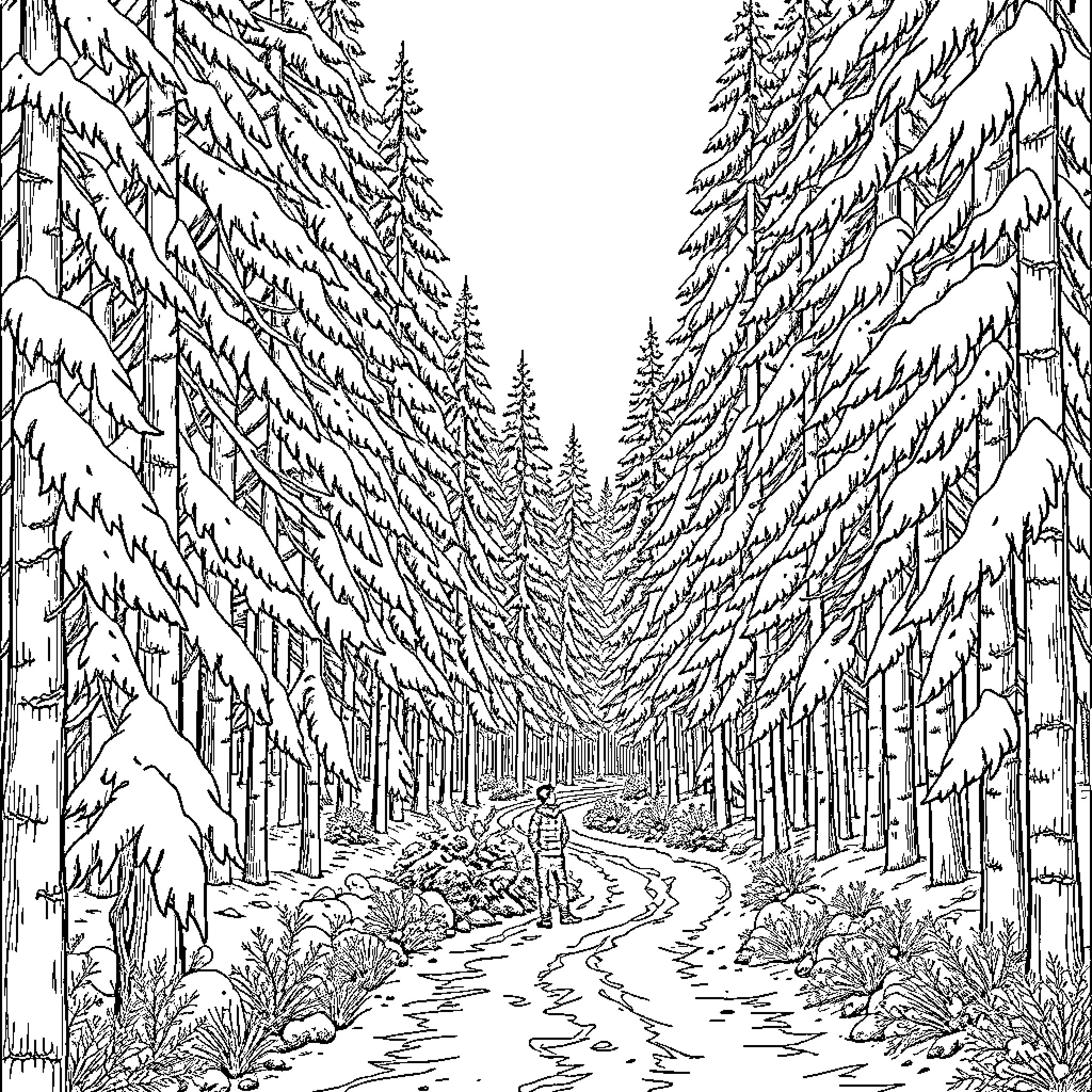 Person walking through snow-covered forest Coloring Page (free black-and-white line drawing printable PDF for all, from beginners to advanced learners, including children, teens, adults, and seniors)