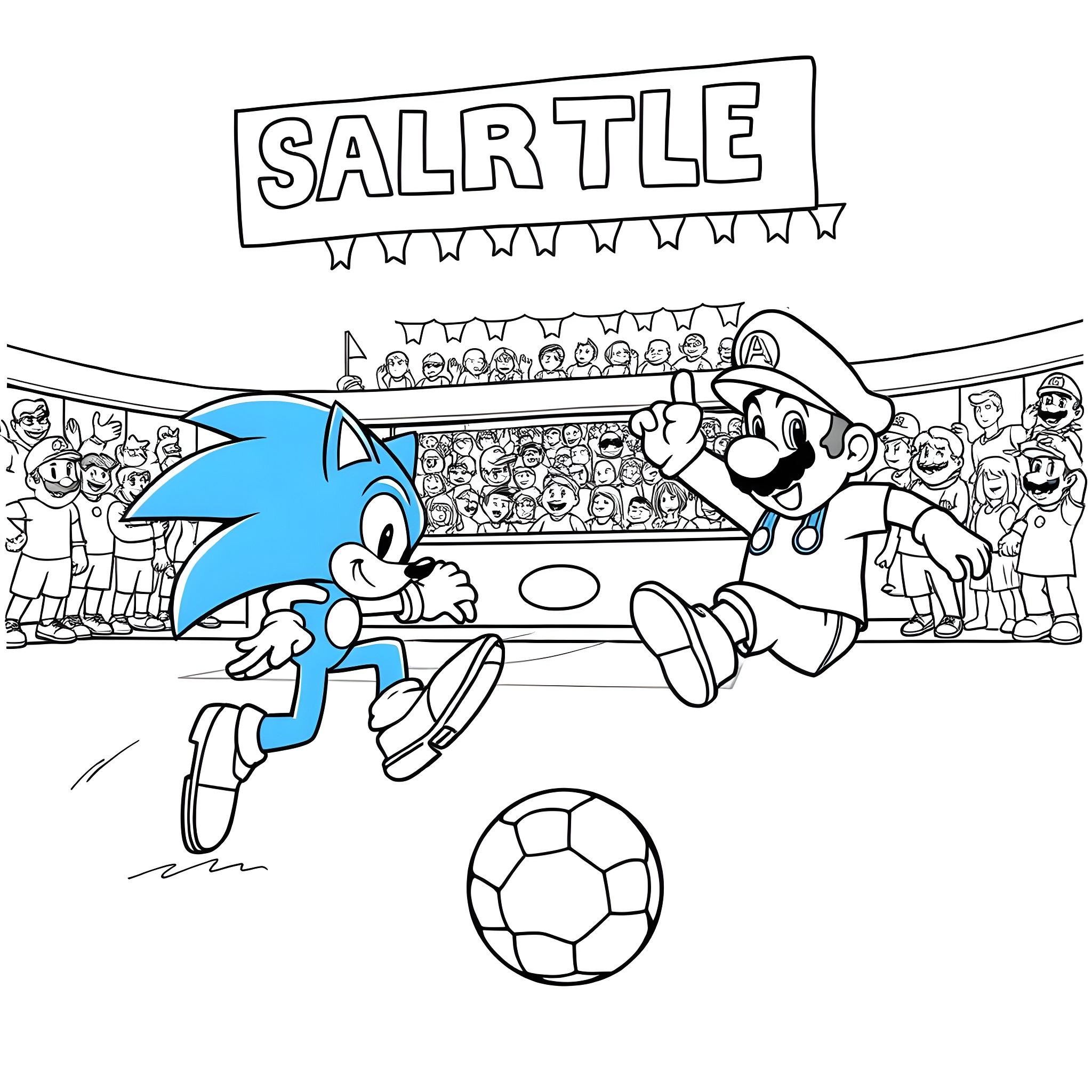 Sonic characters playing soccer in a stadium Coloring Page (free black-and-white line drawing printable PDF for all, from beginners to advanced learners, including children, teens, adults, and seniors)