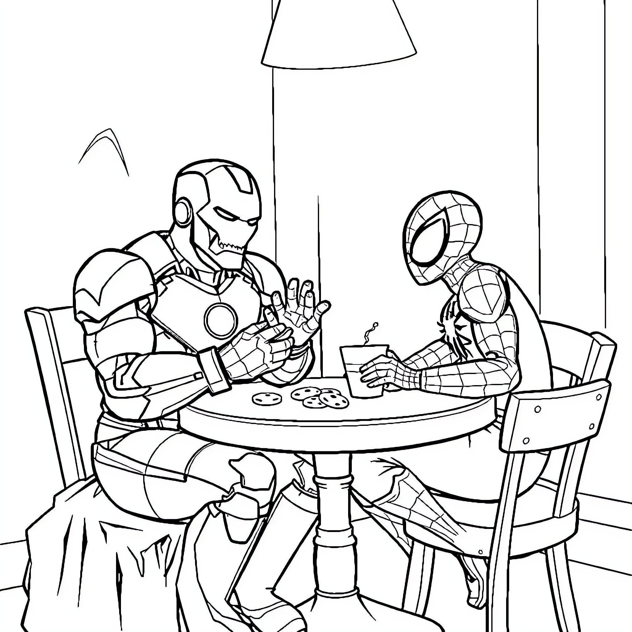 Iron Man and Spider-Man playing a board game together Coloring Page (free black-and-white line drawing printable PDF for all, from beginners to advanced learners, including children, teens, adults, and seniors)