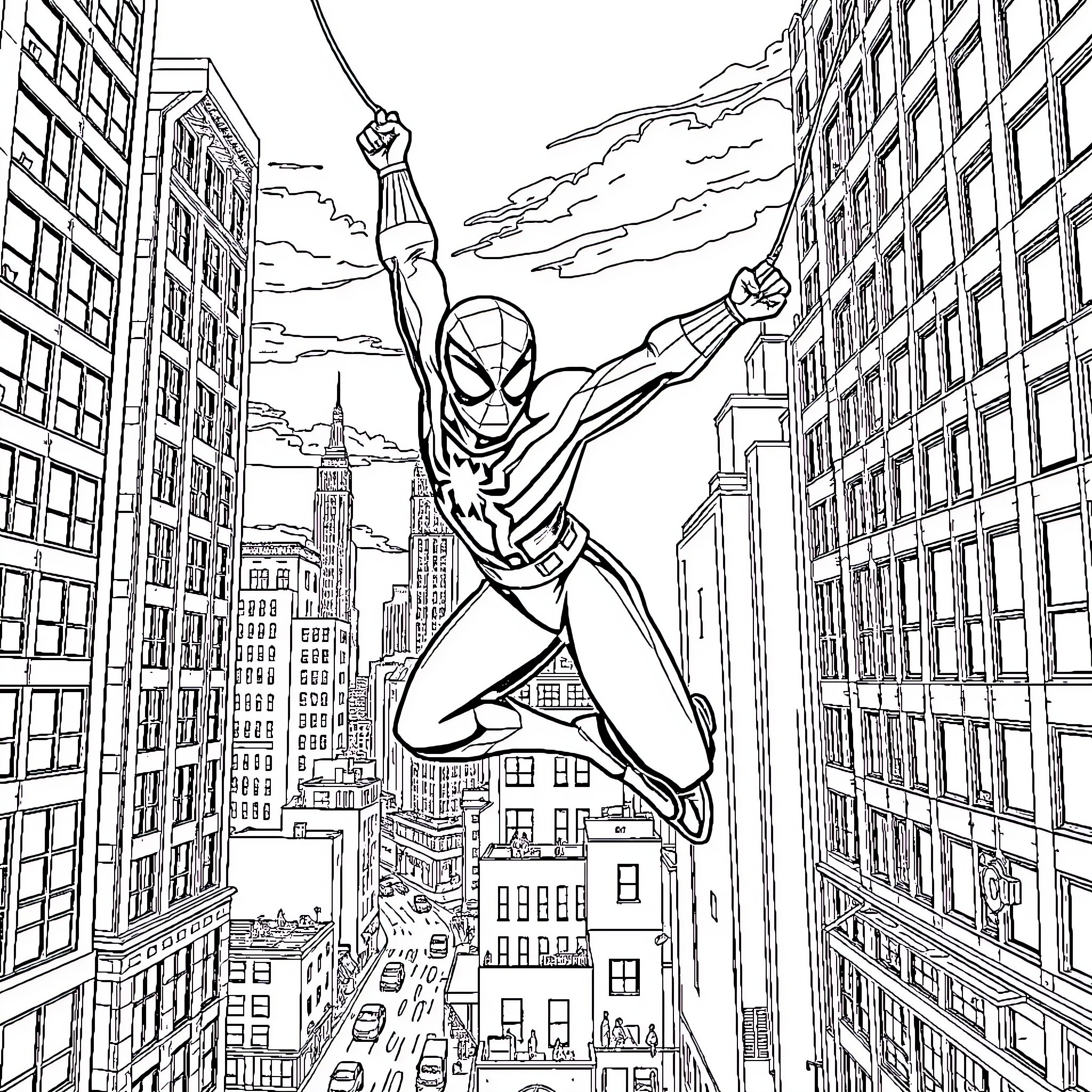 Miles Morales leaping across the city skyline Coloring Page (free black-and-white line drawing printable PDF for all, from beginners to advanced learners, including children, teens, adults, and seniors)
