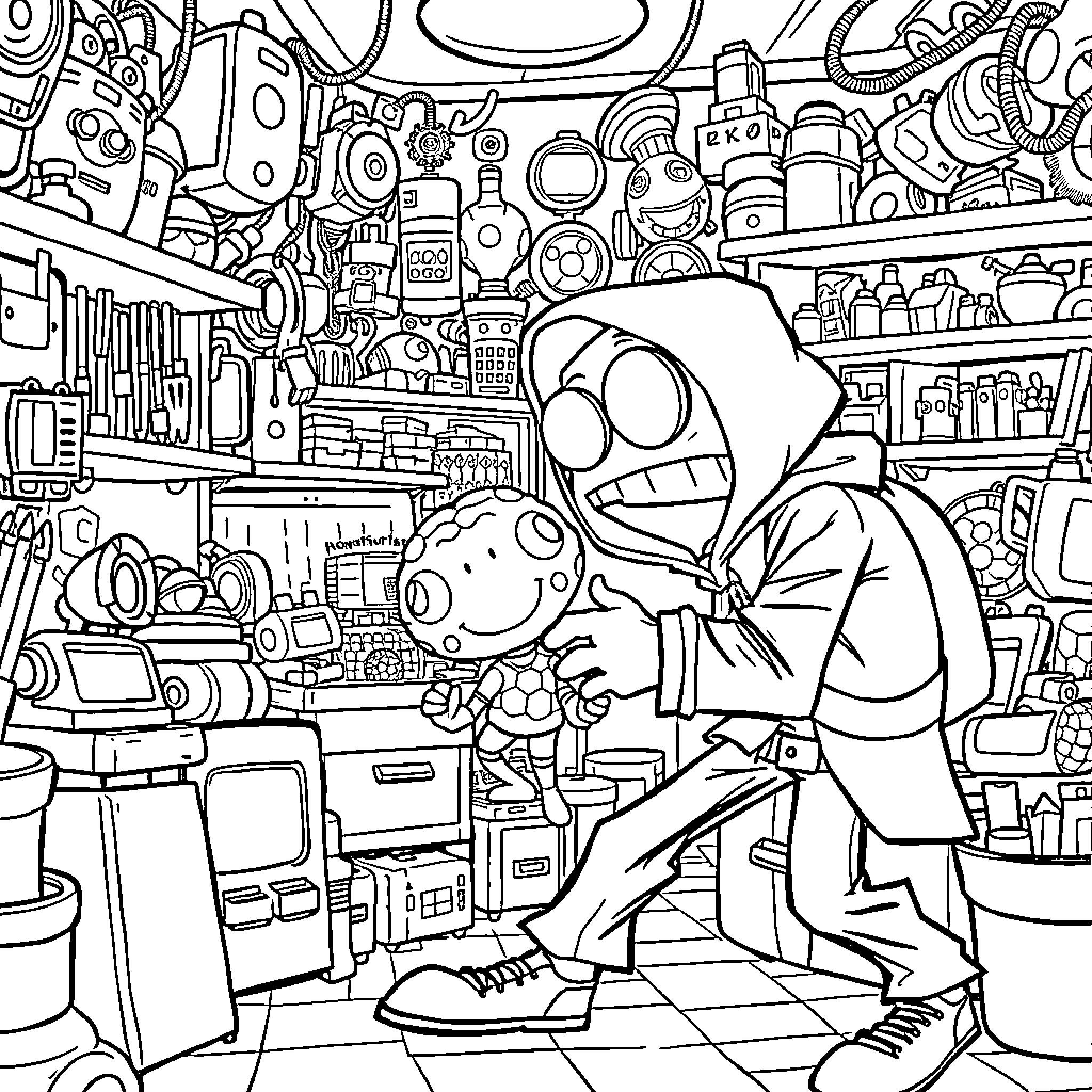 Brainrot: Quirky Characters in a Cluttered Convenience Store Coloring Page (free black-and-white line drawing printable PDF for all, from beginners to advanced learners, including children, teens, adults, and seniors)