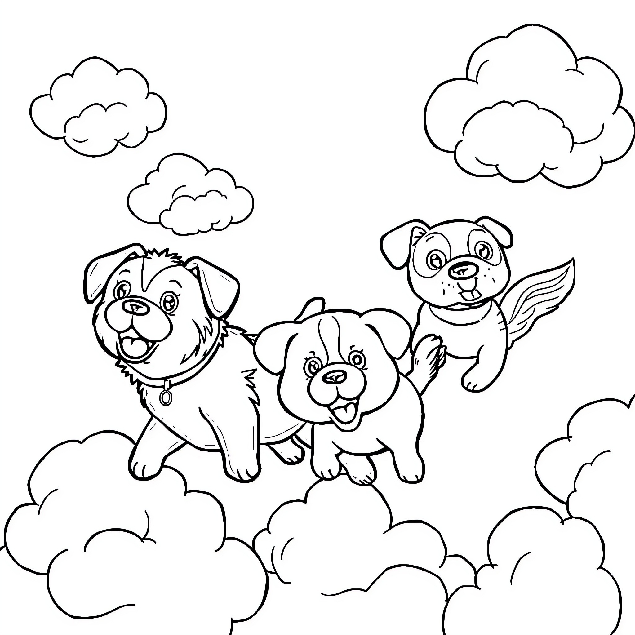 Pet dogs playing happily in the clouds Coloring Page (free black-and-white line drawing printable PDF for all, from beginners to advanced learners, including children, teens, adults, and seniors)