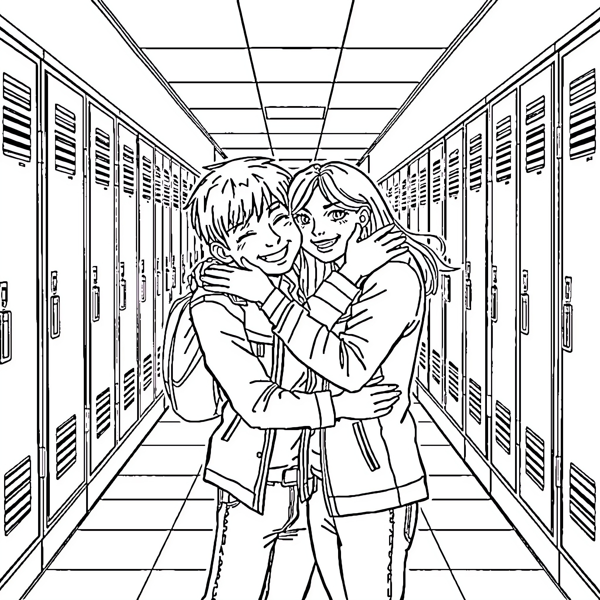 Troy's Heartwarming Embrace in the School Hallway Coloring Page (free black-and-white line drawing printable PDF for all, from beginners to advanced learners, including children, teens, adults, and seniors)