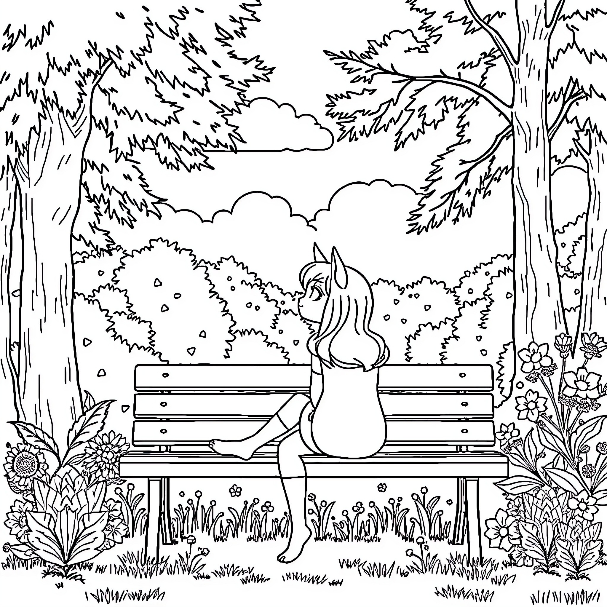Wiino Francia: Serene Forest Retreat Coloring Page (free black-and-white line drawing printable PDF for all, from beginners to advanced learners, including children, teens, adults, and seniors)