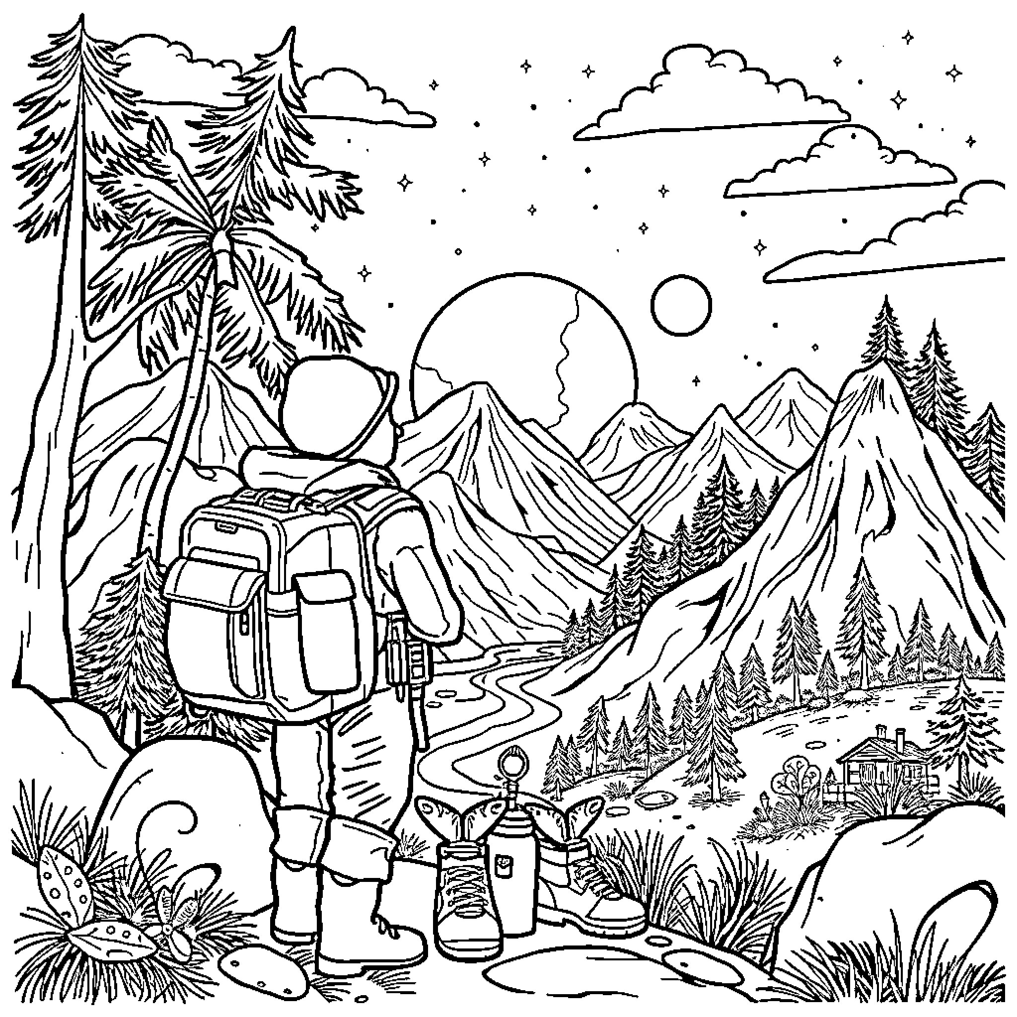Scout exploring the scenic mountain landscape Coloring Page (free black-and-white line drawing printable PDF for all, from beginners to advanced learners, including children, teens, adults, and seniors)