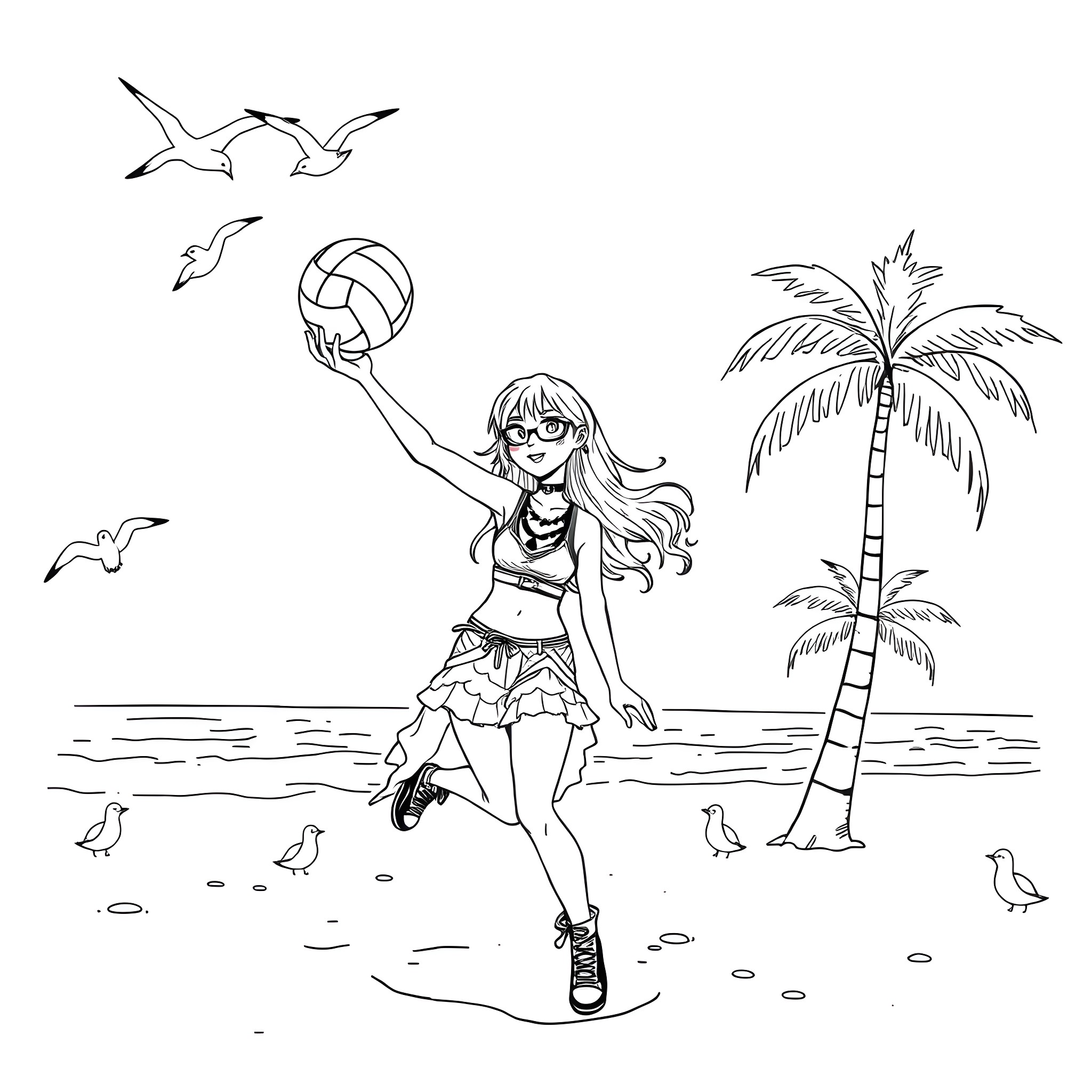 Goth Girl Playing Volleyball on the Beach Coloring Page (free black-and-white line drawing printable PDF for all, from beginners to advanced learners, including children, teens, adults, and seniors)