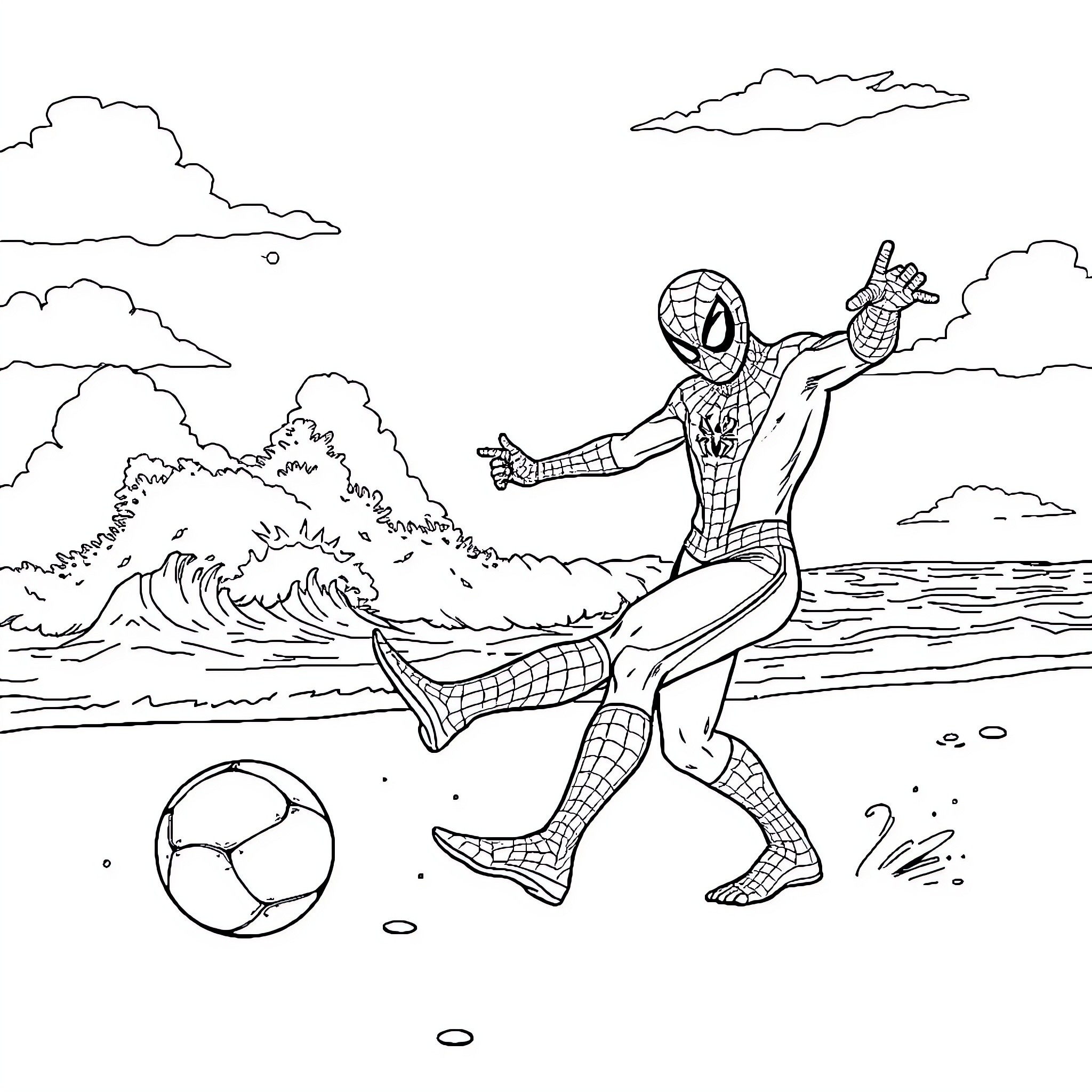 Spiderman playing soccer on the beach Coloring Page (free black-and-white line drawing printable PDF for all, from beginners to advanced learners, including children, teens, adults, and seniors)