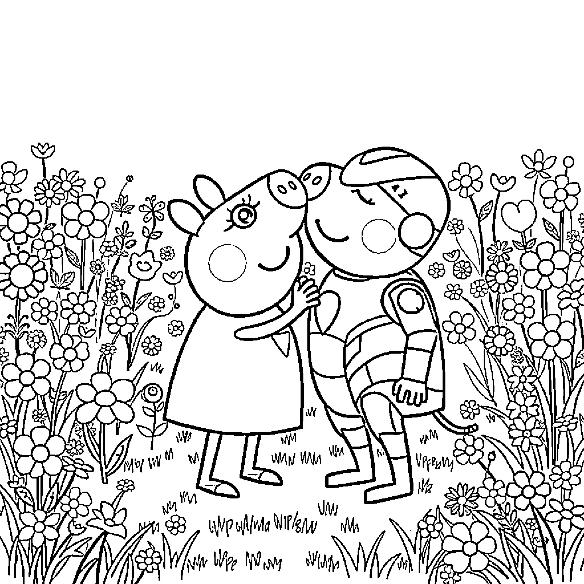 Peppa Pig's Playful Adventure in the Flower Garden Coloring Page (free black-and-white line drawing printable PDF for all, from beginners to advanced learners, including children, teens, adults, and seniors)