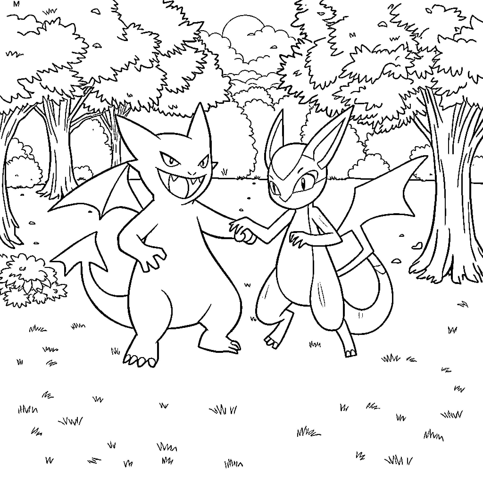 Gengar and Crobat playing in the forest Coloring Page (free black-and-white line drawing printable PDF for all, from beginners to advanced learners, including children, teens, adults, and seniors)