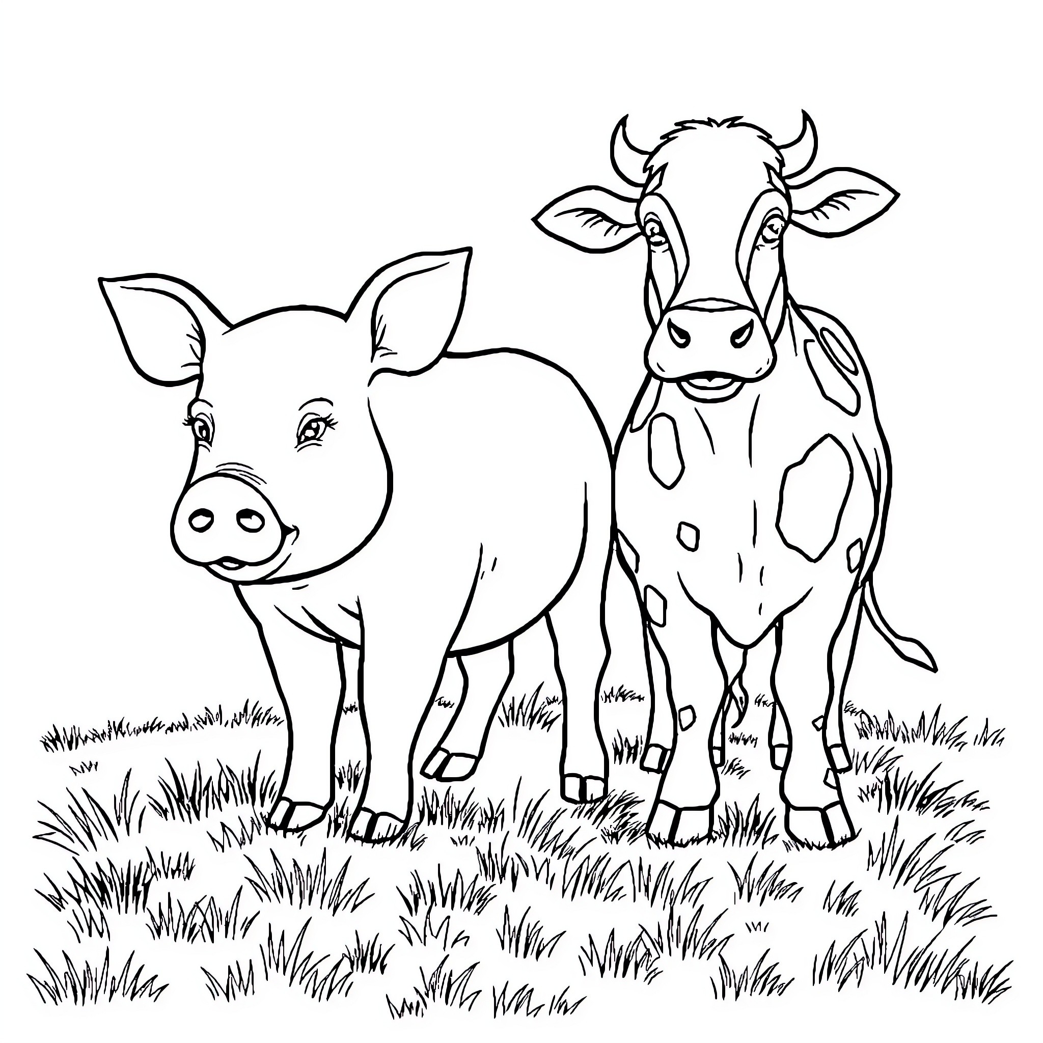 Pig and Cow Enjoying the Outdoors Coloring Page (free black-and-white line drawing printable PDF for all, from beginners to advanced learners, including children, teens, adults, and seniors)
