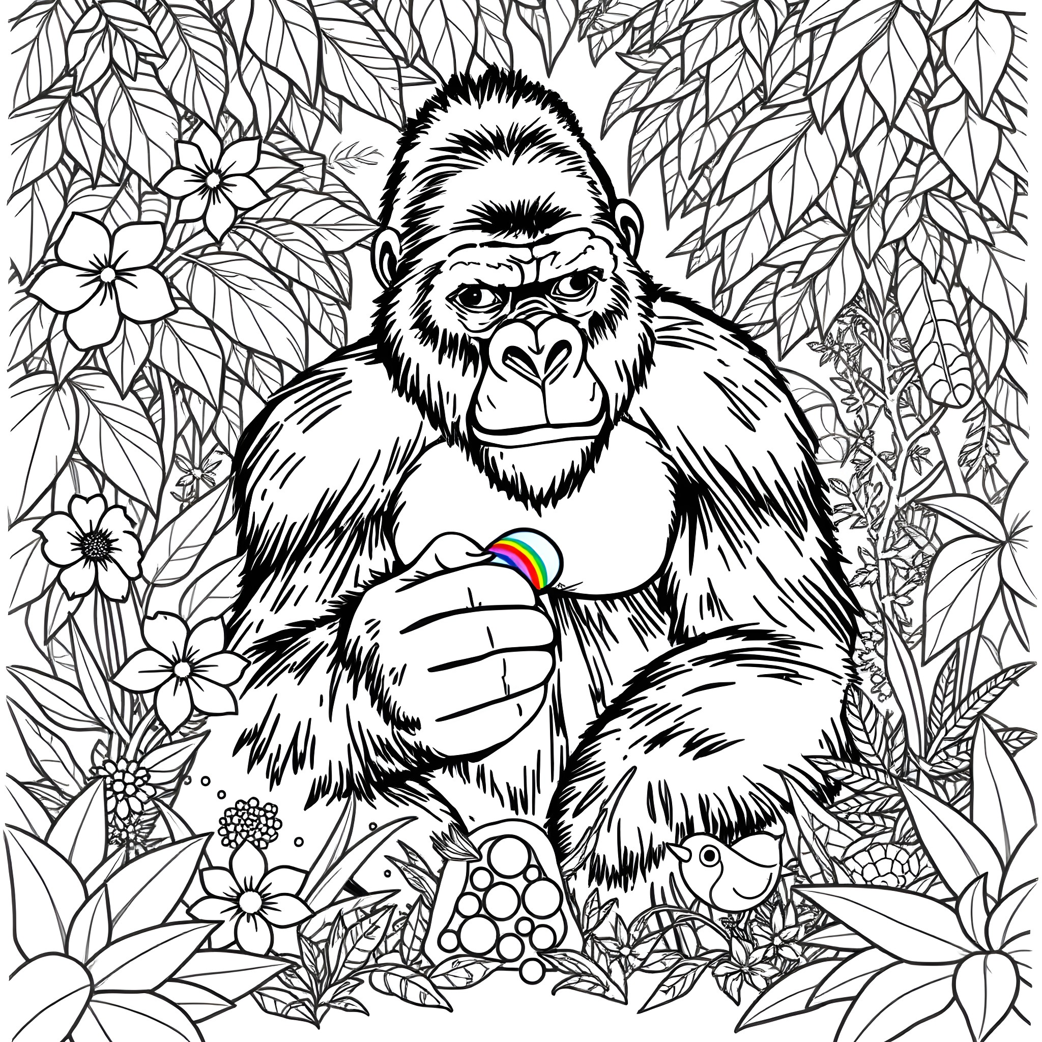 Gorilla exploring the lush forest foliage Coloring Page (free black-and-white line drawing printable PDF for all, from beginners to advanced learners, including children, teens, adults, and seniors)