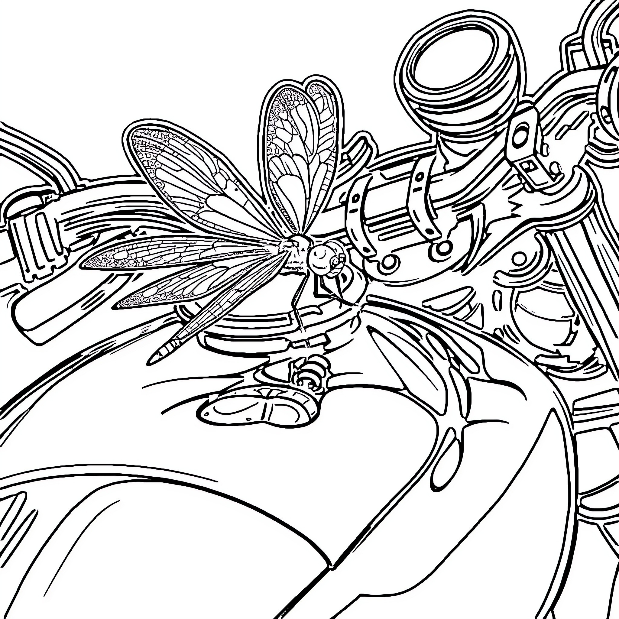 Dragonfly soaring over a mechanical landscape Coloring Page (free black-and-white line drawing printable PDF for all, from beginners to advanced learners, including children, teens, adults, and seniors)