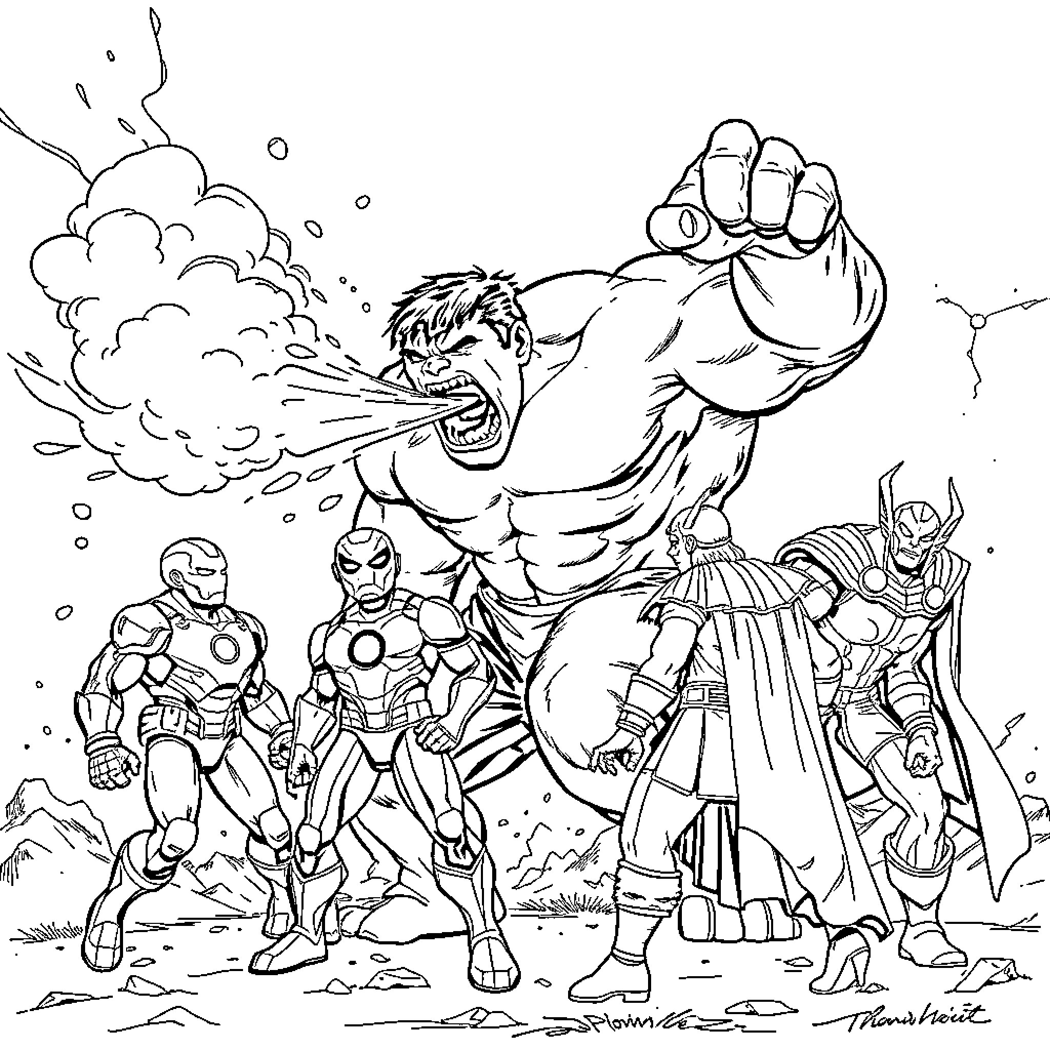 Hulk Assembles with Superhero Team in Action Coloring Page (free black-and-white line drawing printable PDF for all, from beginners to advanced learners, including children, teens, adults, and seniors)
