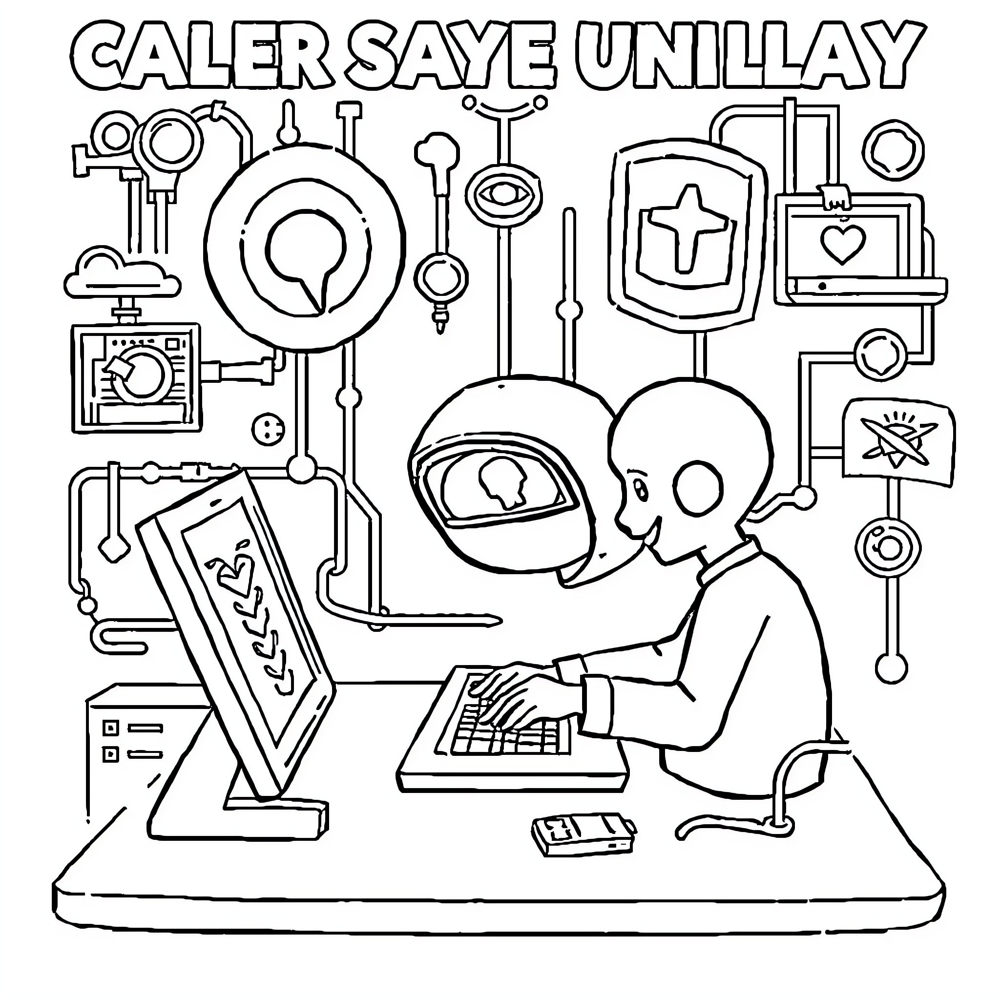 Cybersecurity: Technician Monitoring Cybersecurity Systems Coloring Page (free black-and-white line drawing printable PDF for all, from beginners to advanced learners, including children, teens, adults, and seniors)