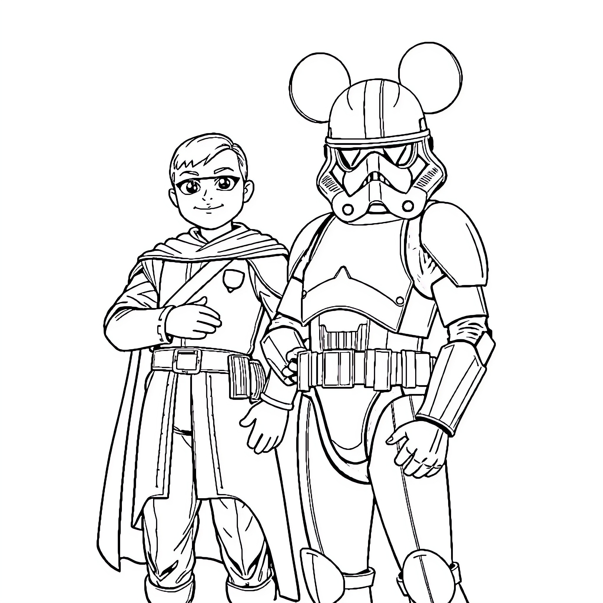 Mickey Mouse as a Star Wars stormtrooper with a young Jedi companion Coloring Page (free black-and-white line drawing printable PDF for all, from beginners to advanced learners, including children, teens, adults, and seniors)