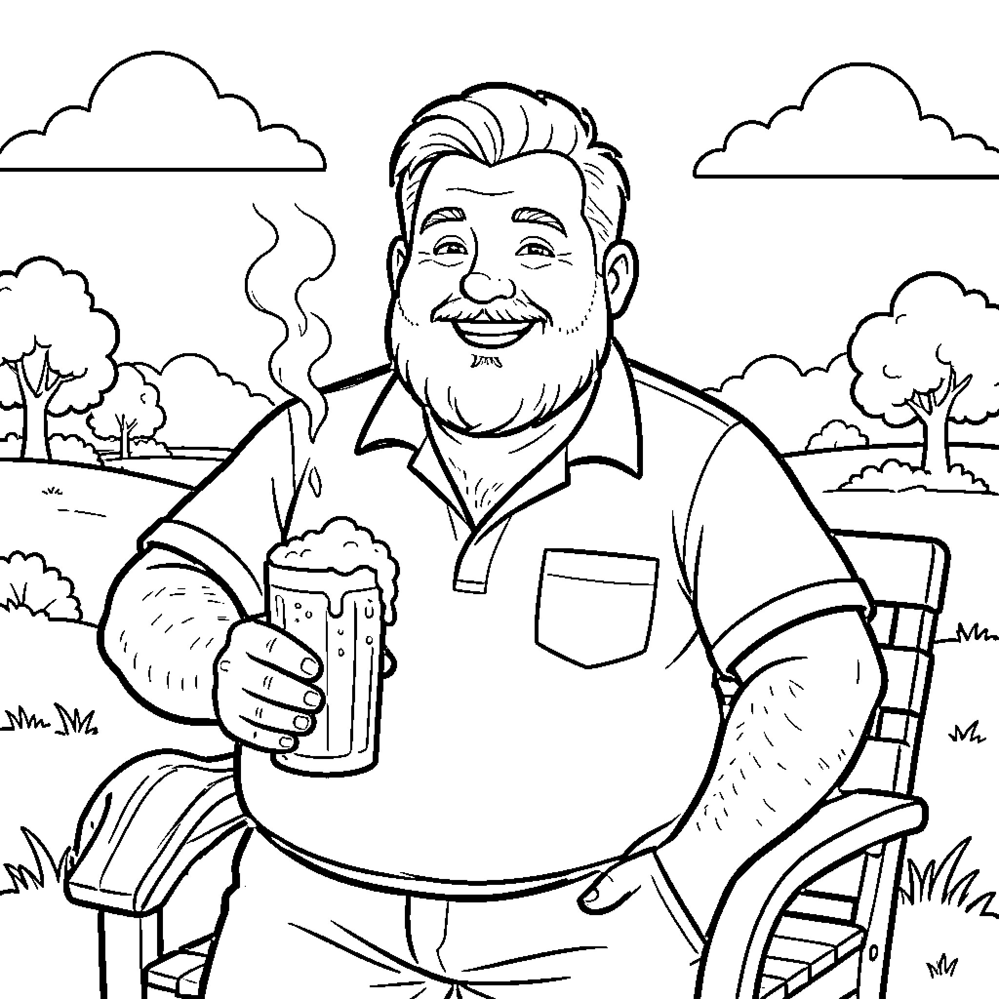 Man enjoying beer outdoors on a sunny day Coloring Page (free black-and-white line drawing printable PDF for all, from beginners to advanced learners, including children, teens, adults, and seniors)