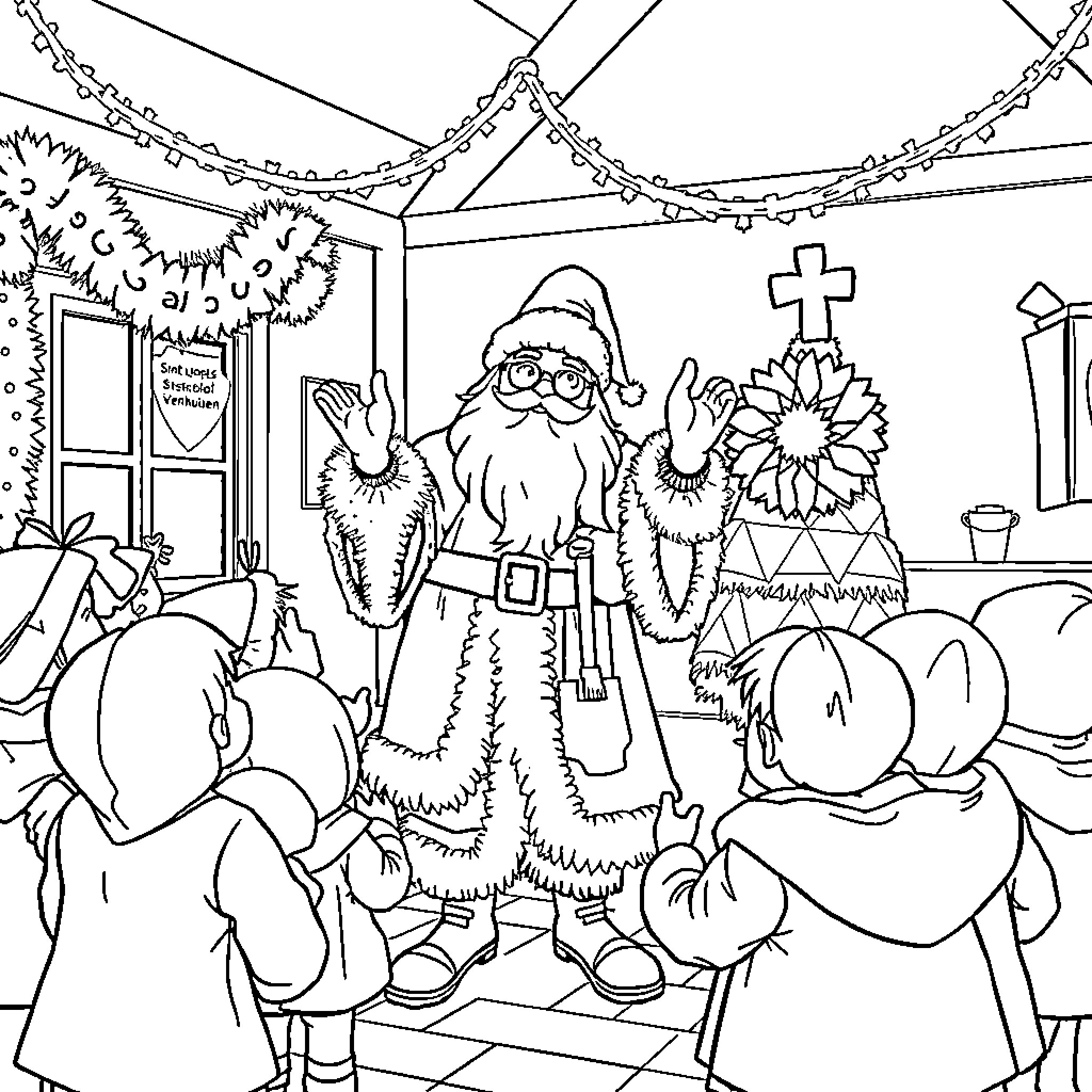 Sinterklaas Visits a Holiday Gathering with Children Coloring Page (free black-and-white line drawing printable PDF for all, from beginners to advanced learners, including children, teens, adults, and seniors)