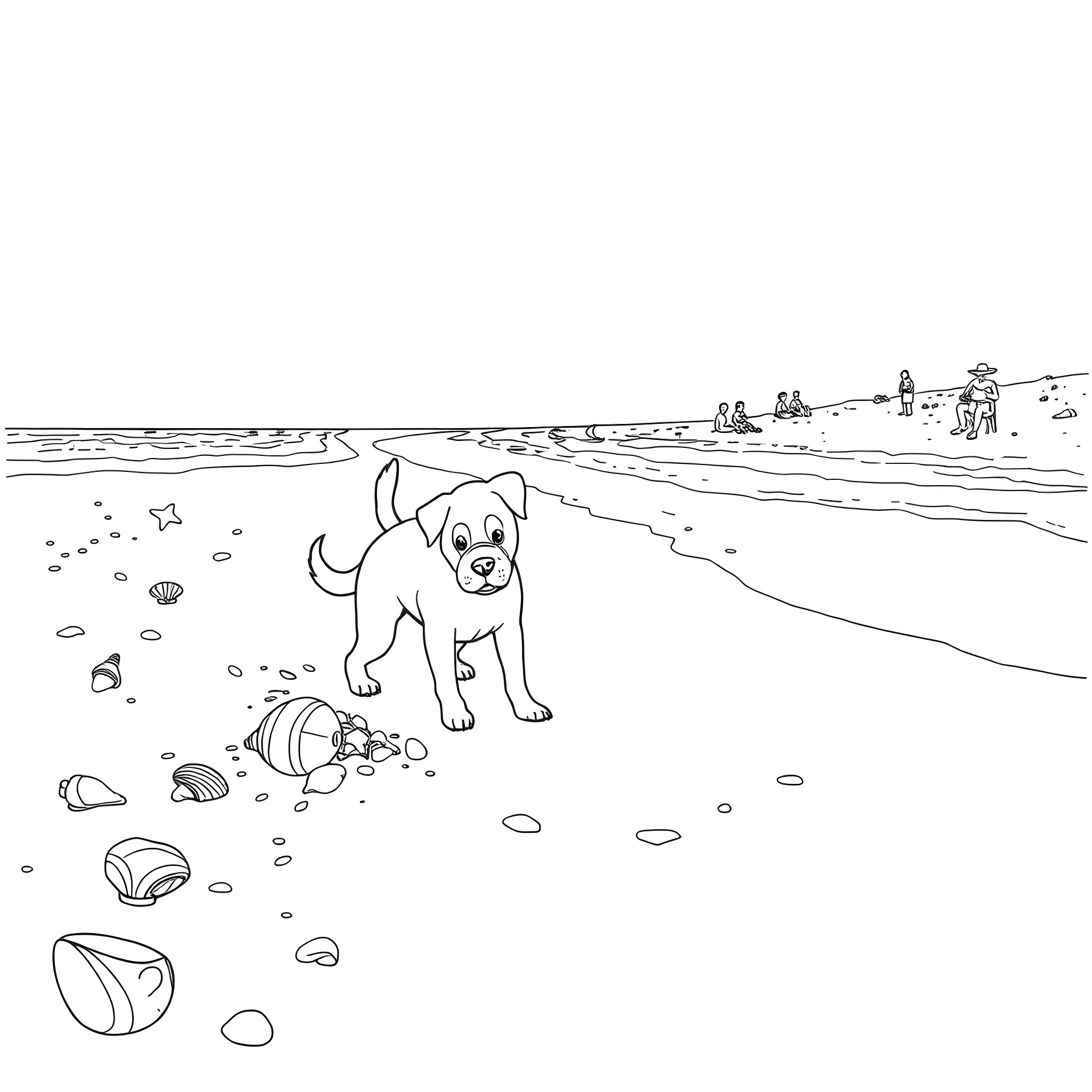 Pup explores the beachside scene with people Coloring Page (free black-and-white line drawing printable PDF for all, from beginners to advanced learners, including children, teens, adults, and seniors)