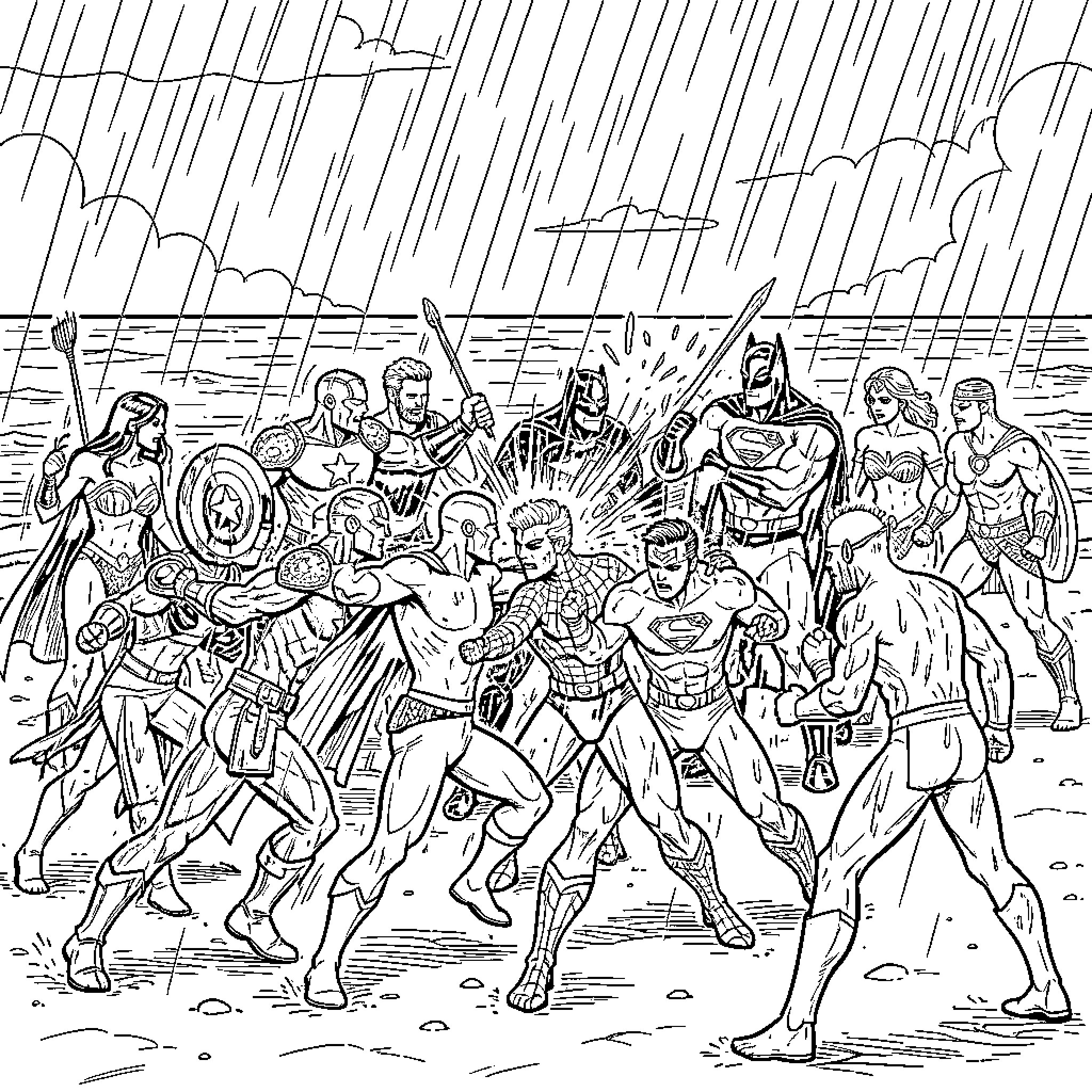 Avengers superheroes engaged in a massive battle scene Coloring Page (free black-and-white line drawing printable PDF for all, from beginners to advanced learners, including children, teens, adults, and seniors)