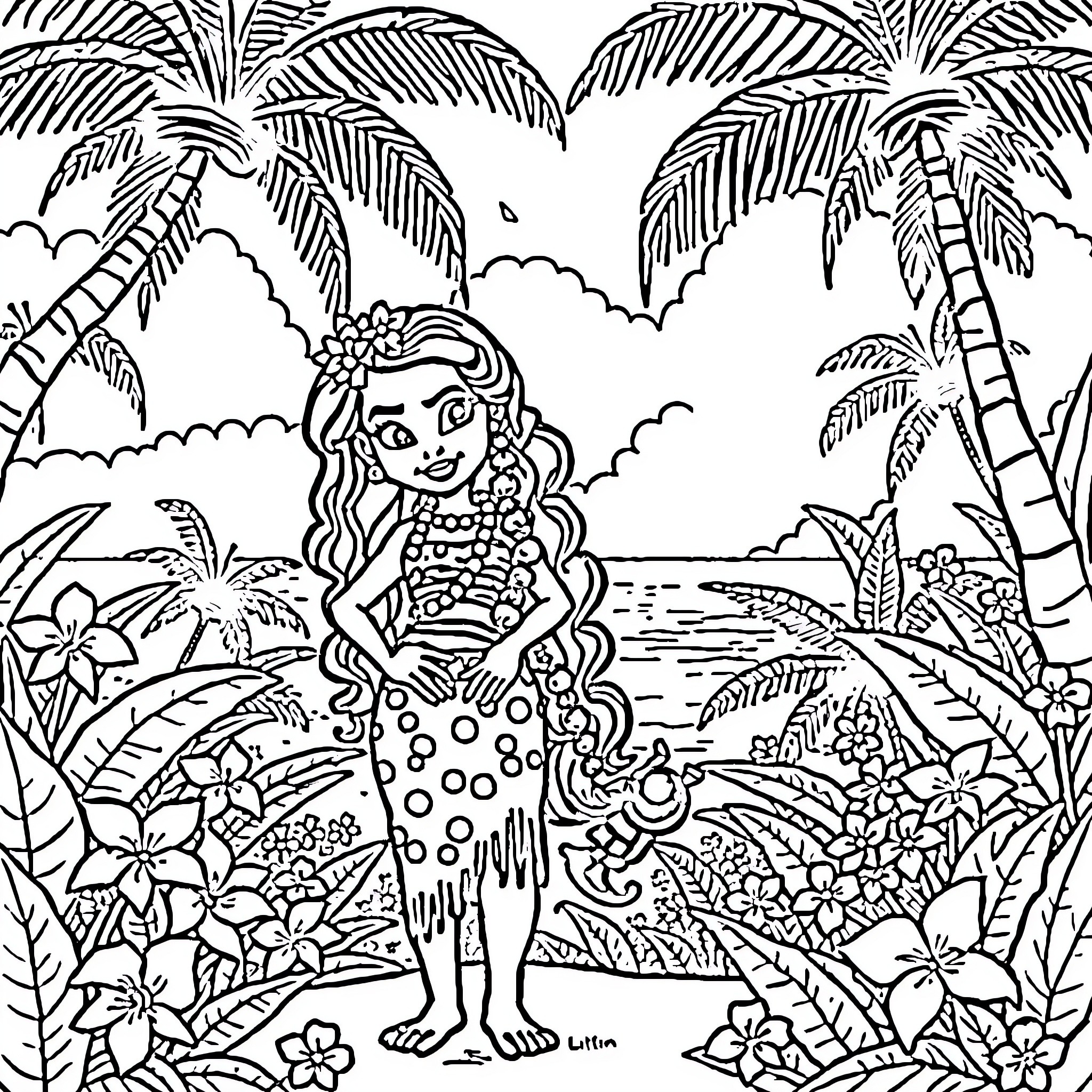 Tefiti's tropical adventure in the jungle paradise Coloring Page (free black-and-white line drawing printable PDF for all, from beginners to advanced learners, including children, teens, adults, and seniors)