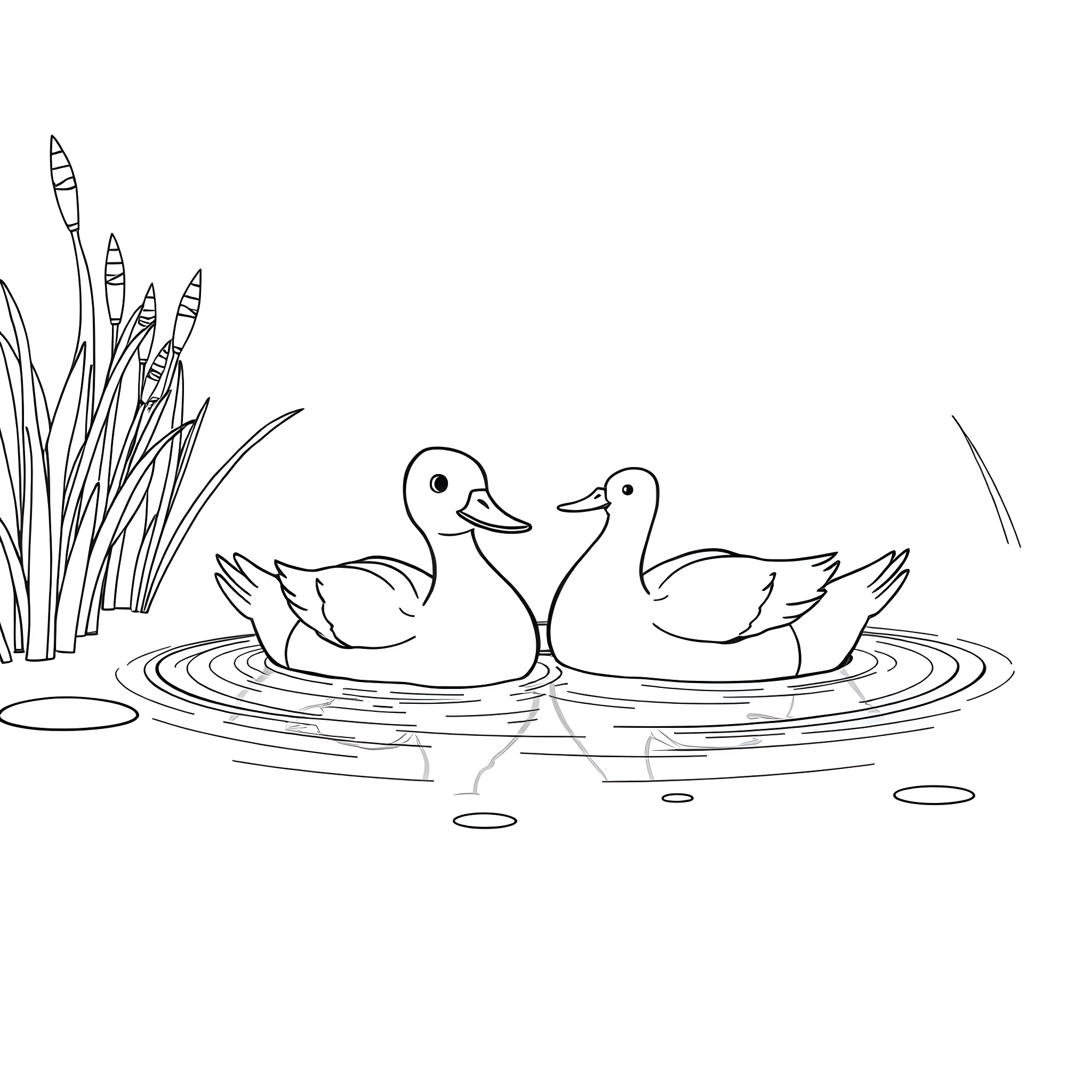 Duck duo floating peacefully on the pond Coloring Page (free black-and-white line drawing printable PDF for all, from beginners to advanced learners, including children, teens, adults, and seniors)