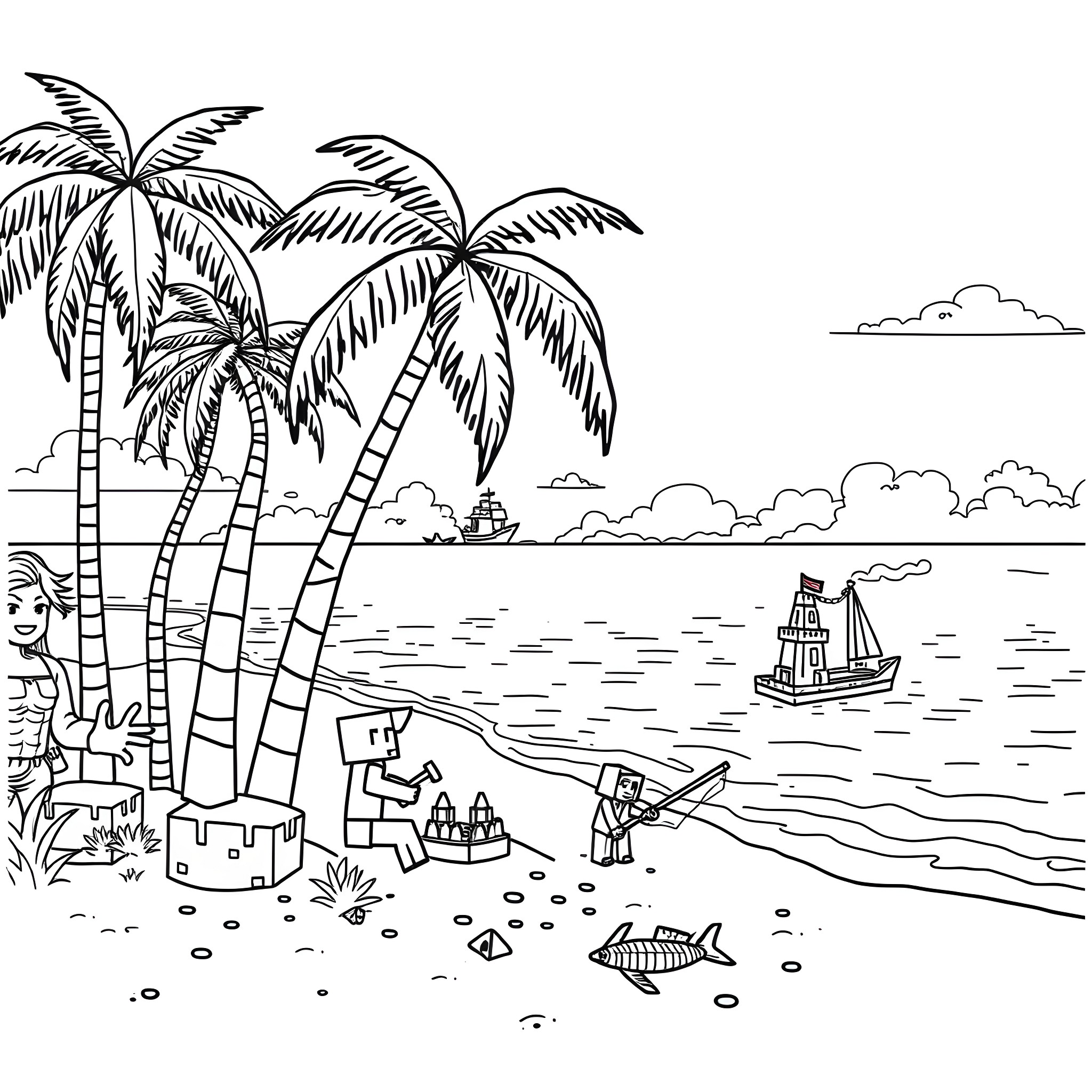 Minecraft characters building a castle on a tropical beach Coloring Page (free black-and-white line drawing printable PDF for all, from beginners to advanced learners, including children, teens, adults, and seniors)