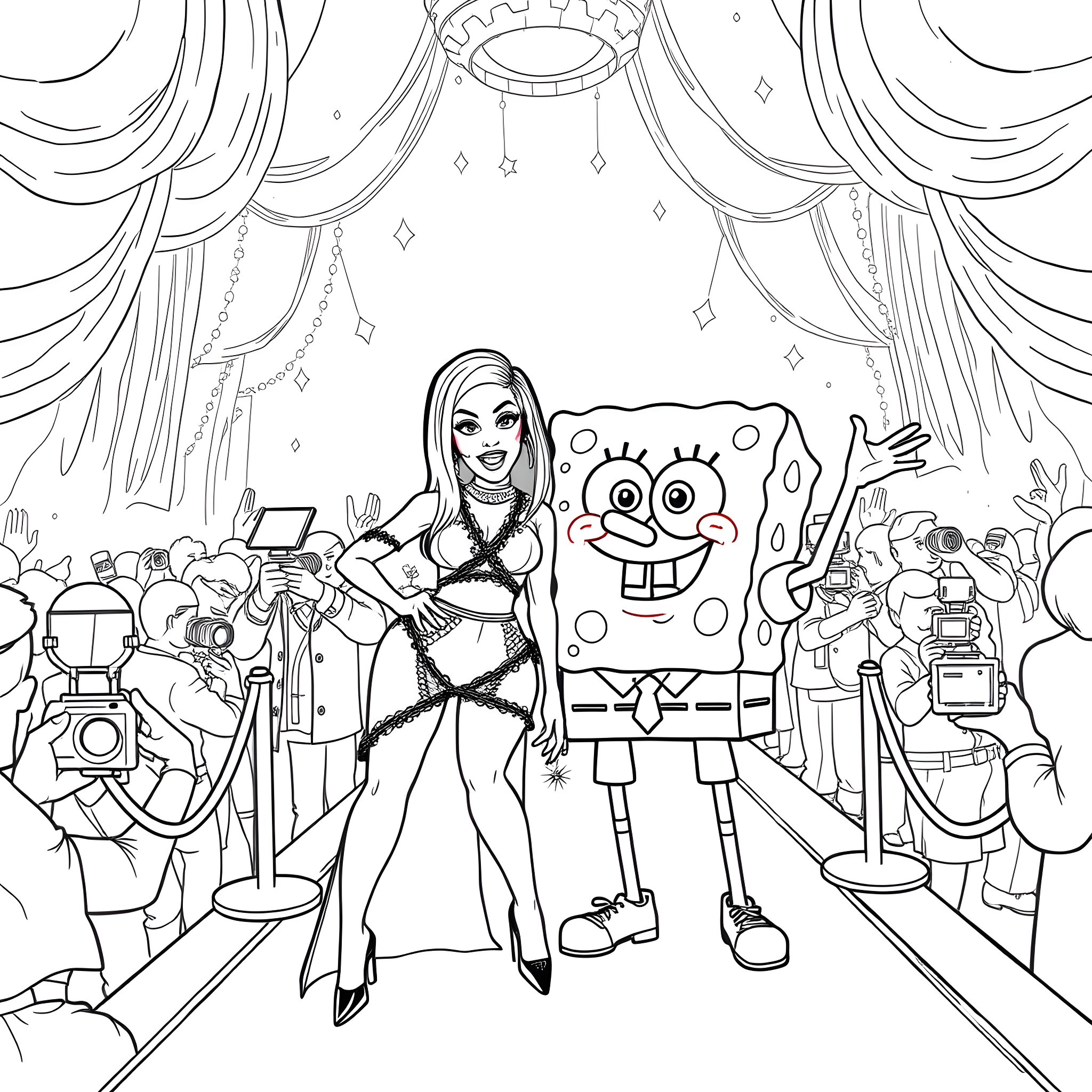 Cardi B and SpongeBob in Glamorous Stage Performance Coloring Page (free black-and-white line drawing printable PDF for all, from beginners to advanced learners, including children, teens, adults, and seniors)