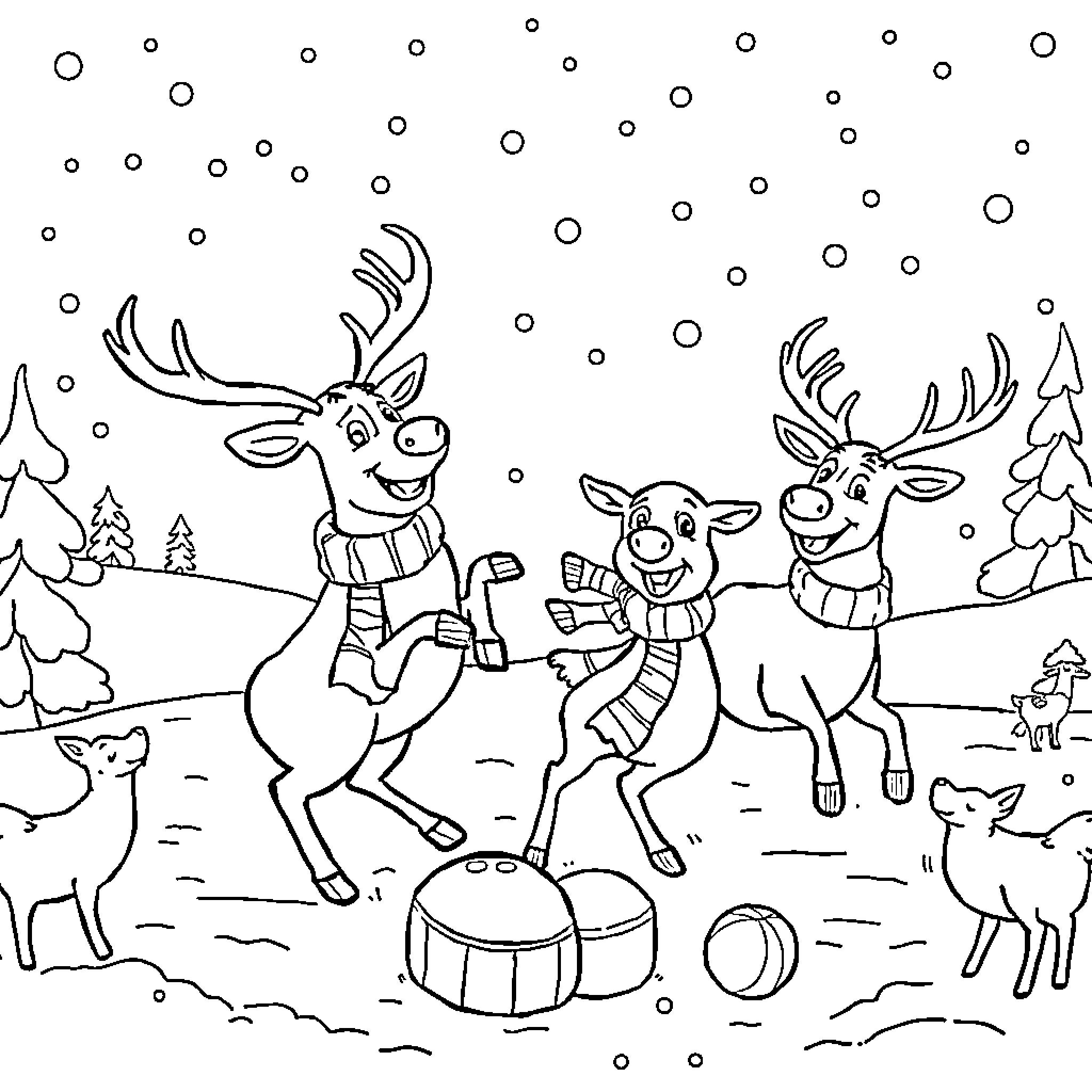 Reindeer playing joyfully in the snowy forest Coloring Page (free black-and-white line drawing printable PDF for all, from beginners to advanced learners, including children, teens, adults, and seniors)