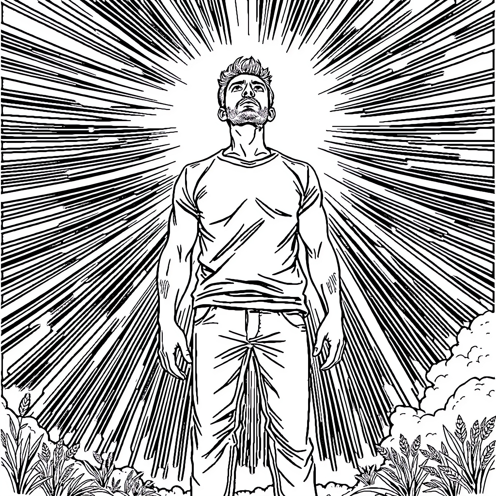 Man standing heroically in dramatic light Coloring Page (free black-and-white line drawing printable PDF for all, from beginners to advanced learners, including children, teens, adults, and seniors)