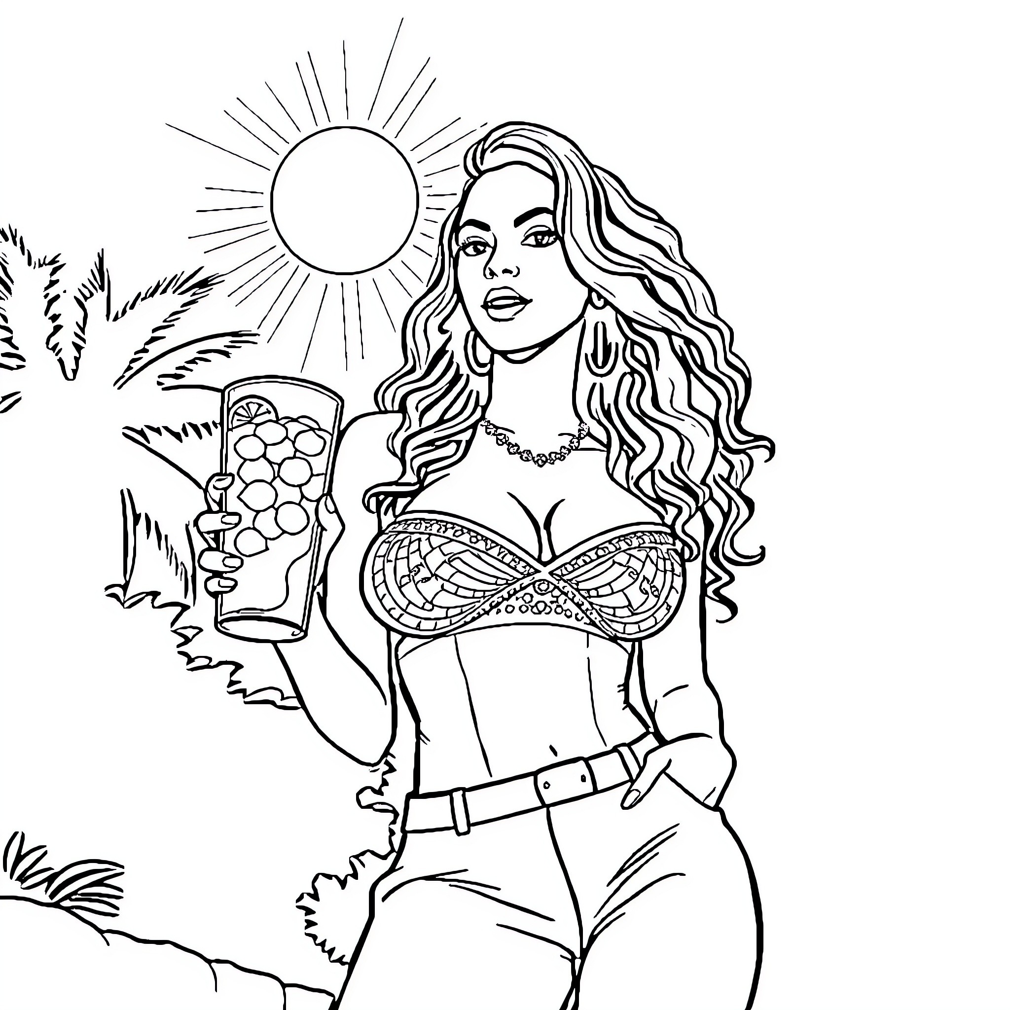 Beyonce enjoying a tropical drink on the beach Coloring Page (free black-and-white line drawing printable PDF for all, from beginners to advanced learners, including children, teens, adults, and seniors)