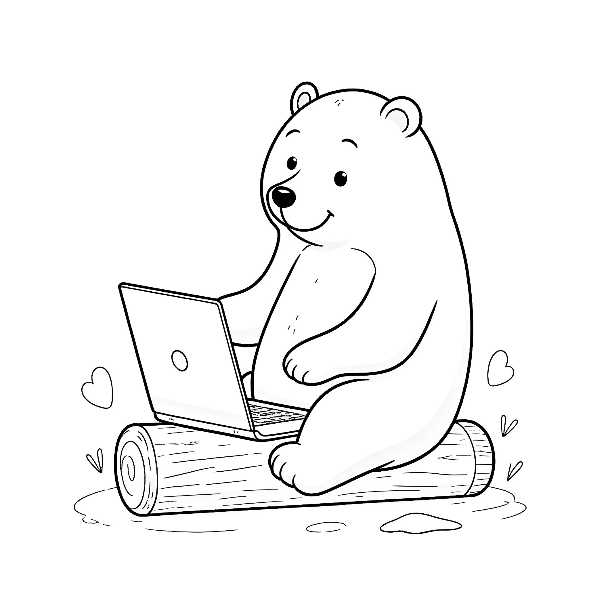 Bear using a laptop on a log Coloring Page (free black-and-white line drawing printable PDF for all, from beginners to advanced learners, including children, teens, adults, and seniors)