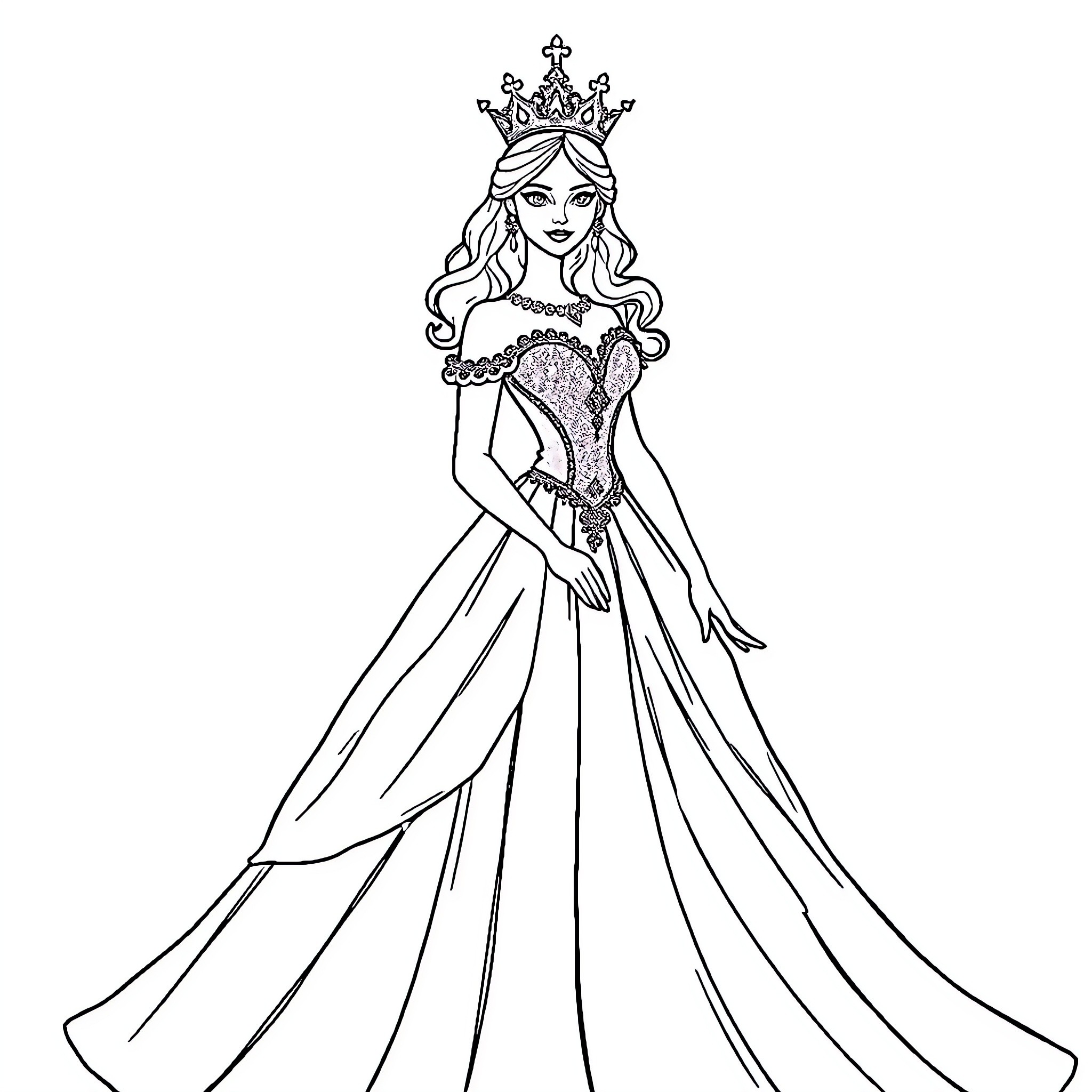 Queen Wearing Elegant Gown and Crown Coloring Page (free black-and-white line drawing printable PDF for all, from beginners to advanced learners, including children, teens, adults, and seniors)