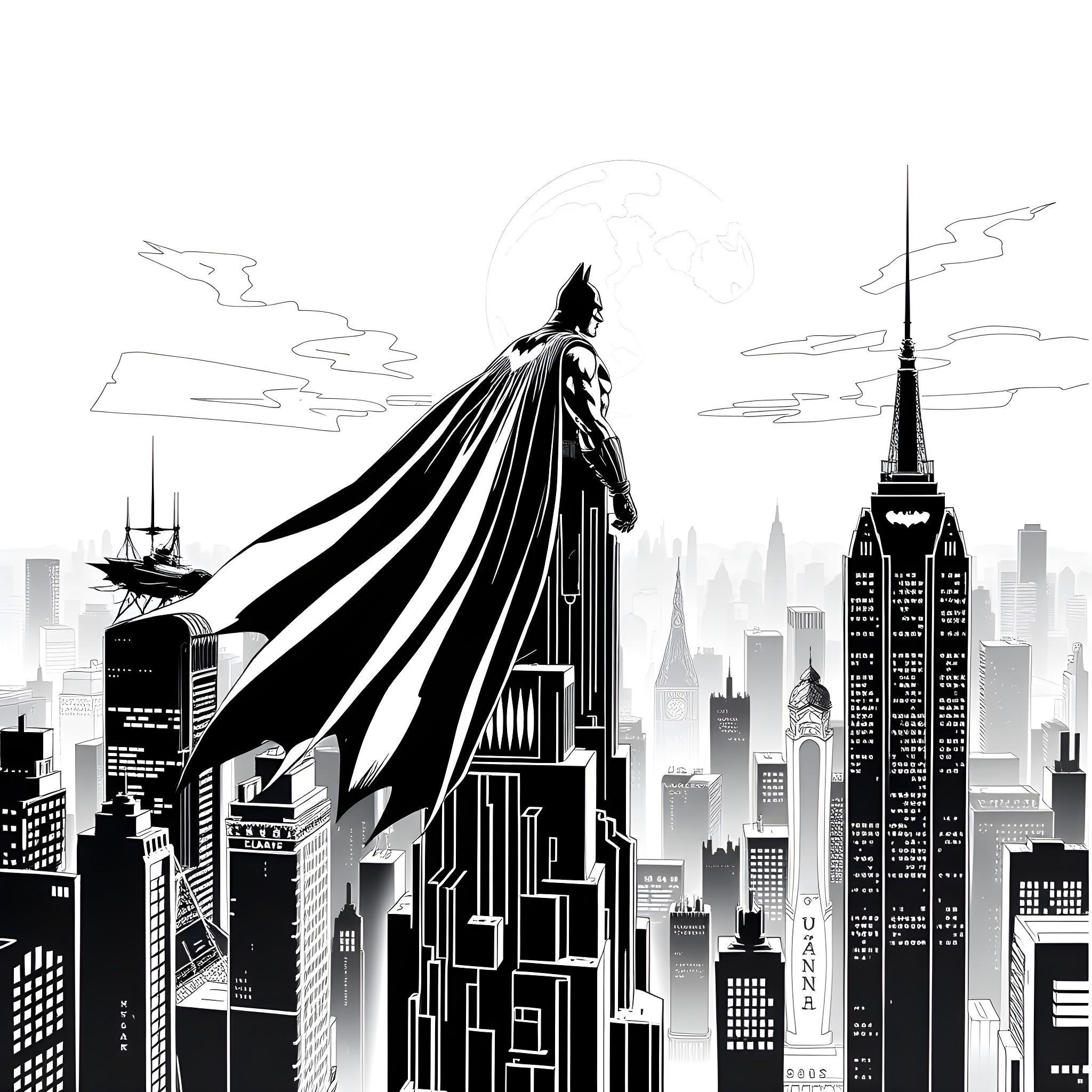Batman overlooking a dark, dramatic cityscape Coloring Page (free black-and-white line drawing printable PDF for all, from beginners to advanced learners, including children, teens, adults, and seniors)