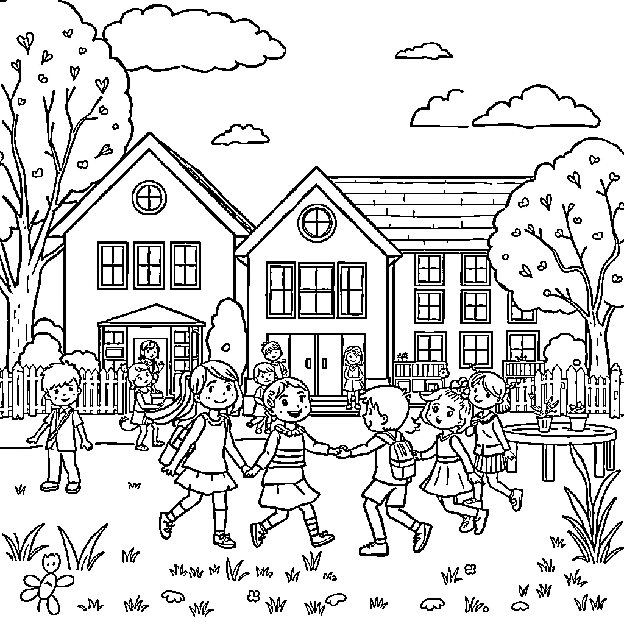 School children playing and socializing outdoors Coloring Page (free black-and-white line drawing printable PDF for all, from beginners to advanced learners, including children, teens, adults, and seniors)