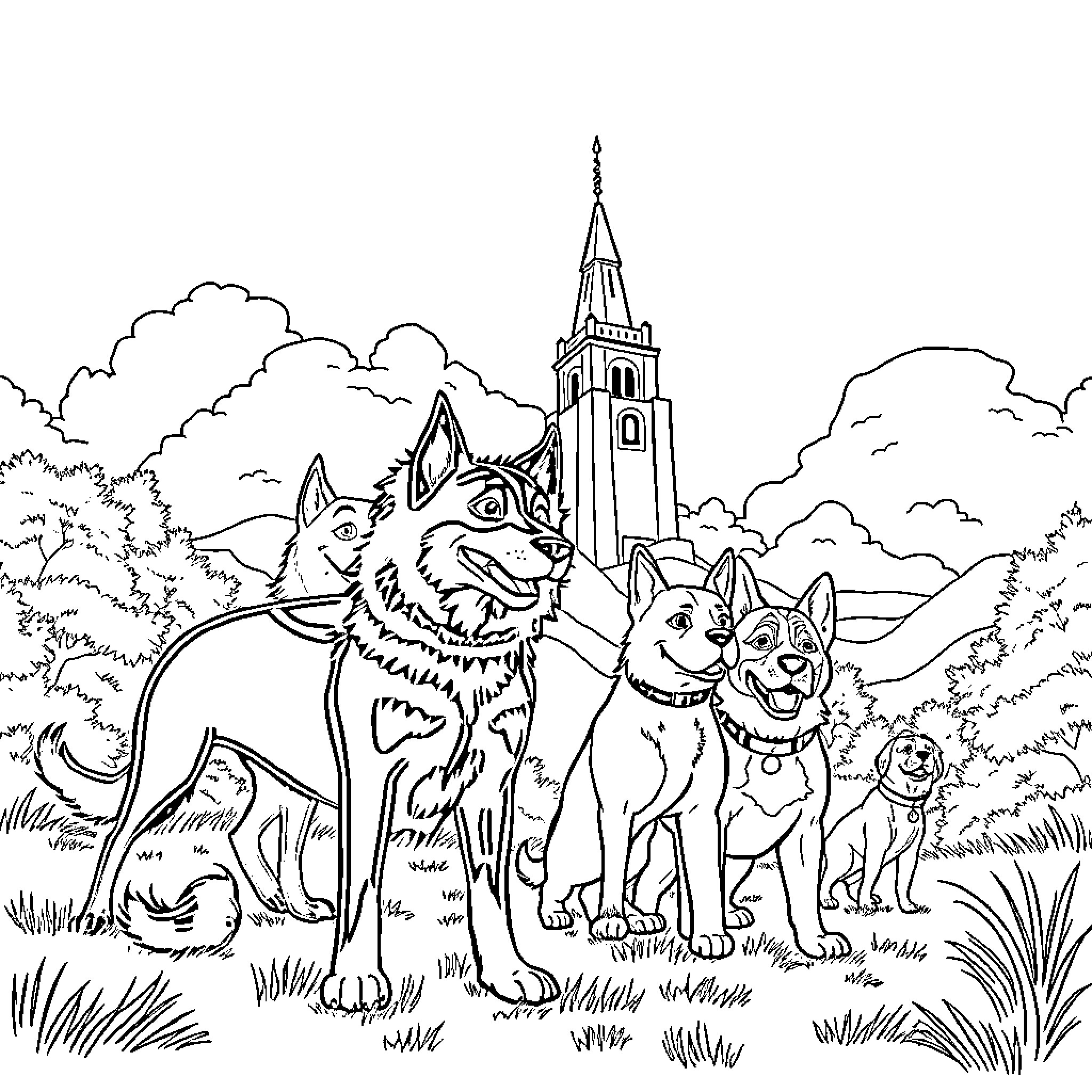 Perro paseando feliz con otros canes en el parque Coloring Page (free black-and-white line drawing printable PDF for all, from beginners to advanced learners, including children, teens, adults, and seniors)