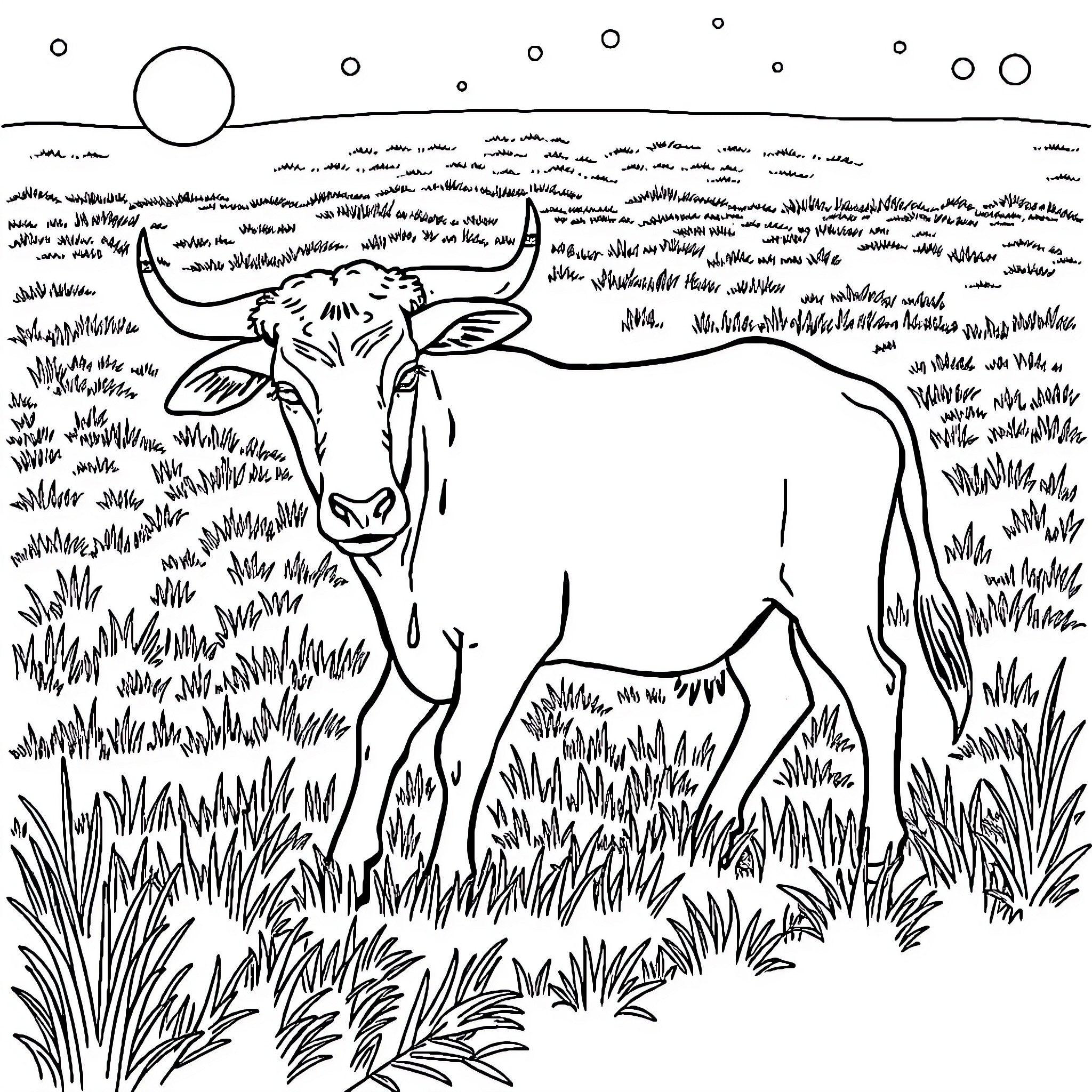 Cow grazing peacefully in a grassy field Coloring Page (free black-and-white line drawing printable PDF for all, from beginners to advanced learners, including children, teens, adults, and seniors)