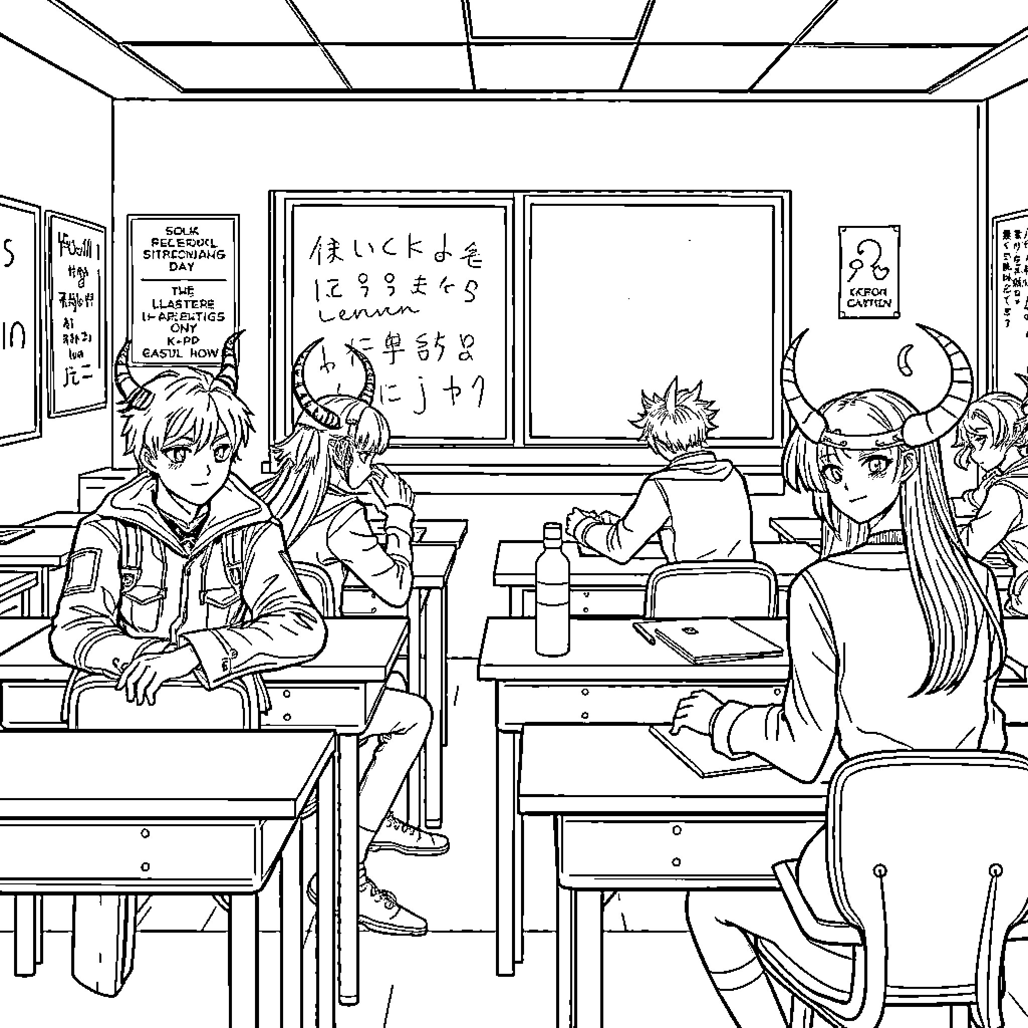 Demon Hunter Students Study in Classroom Coloring Page (free black-and-white line drawing printable PDF for all, from beginners to advanced learners, including children, teens, adults, and seniors)