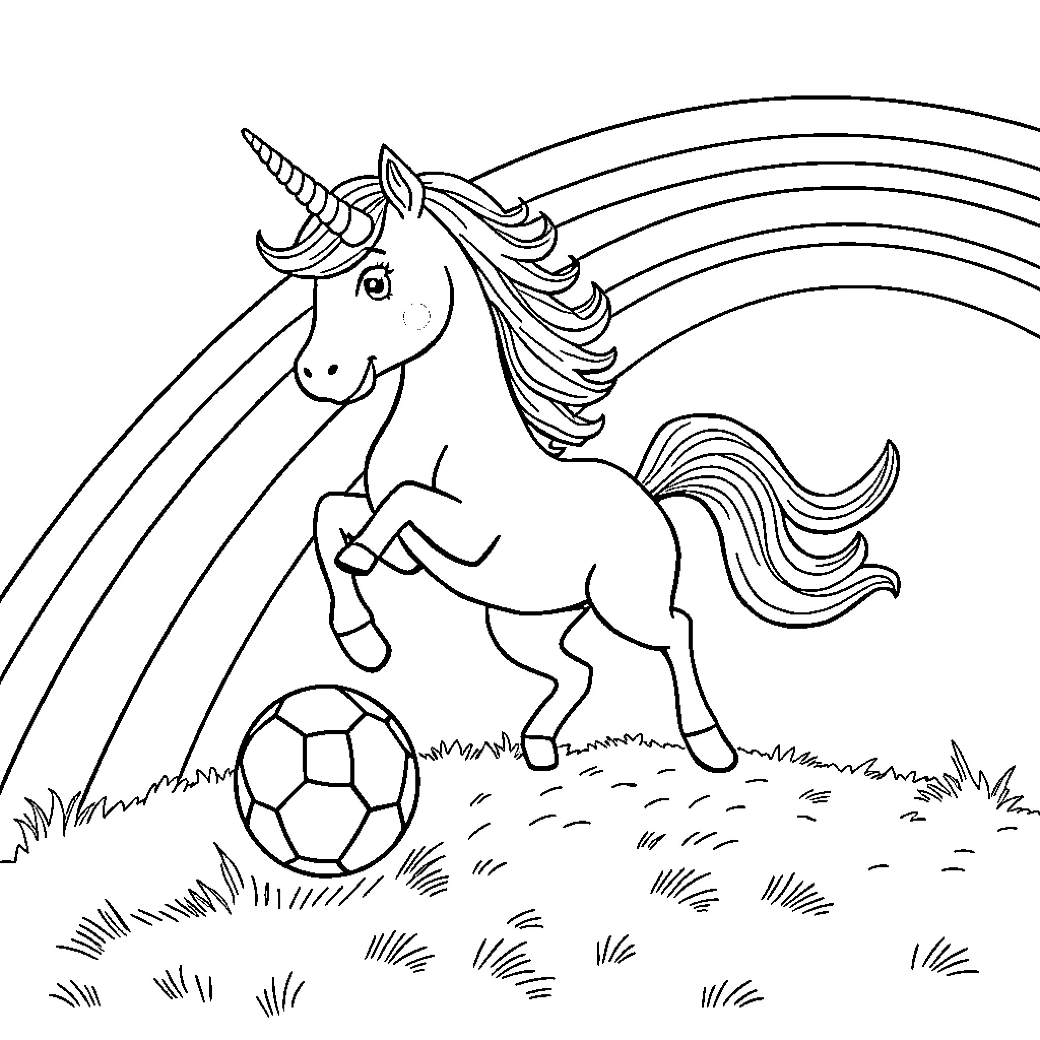 Unicorn playing with soccer ball under rainbow Coloring Page (free black-and-white line drawing printable PDF for all, from beginners to advanced learners, including children, teens, adults, and seniors)