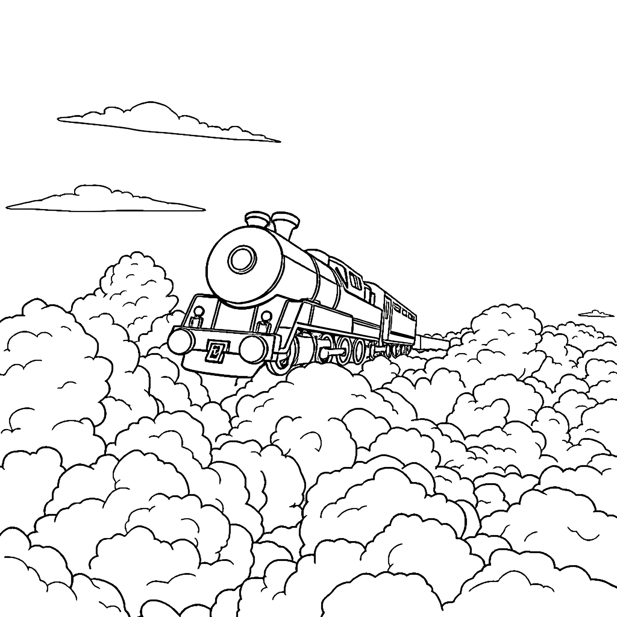 Flying Train Soaring Through Clouds Coloring Page (free black-and-white line drawing printable PDF for all, from beginners to advanced learners, including children, teens, adults, and seniors)