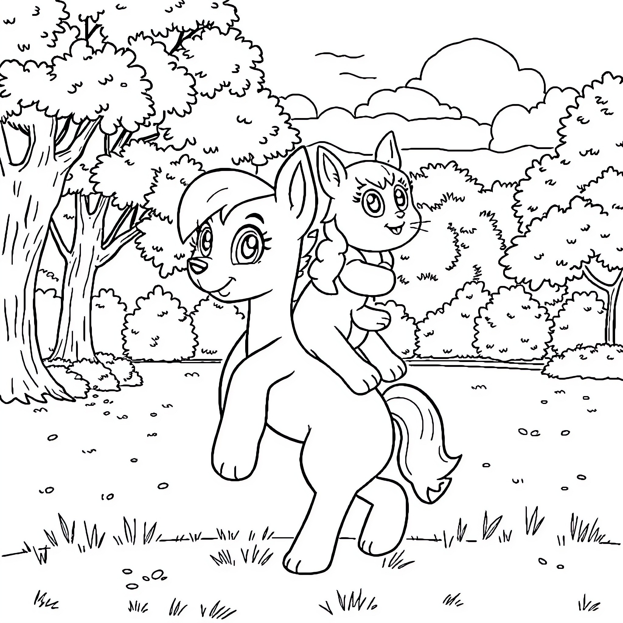 Bluey playing happily in a nature setting Coloring Page (free black-and-white line drawing printable PDF for all, from beginners to advanced learners, including children, teens, adults, and seniors)