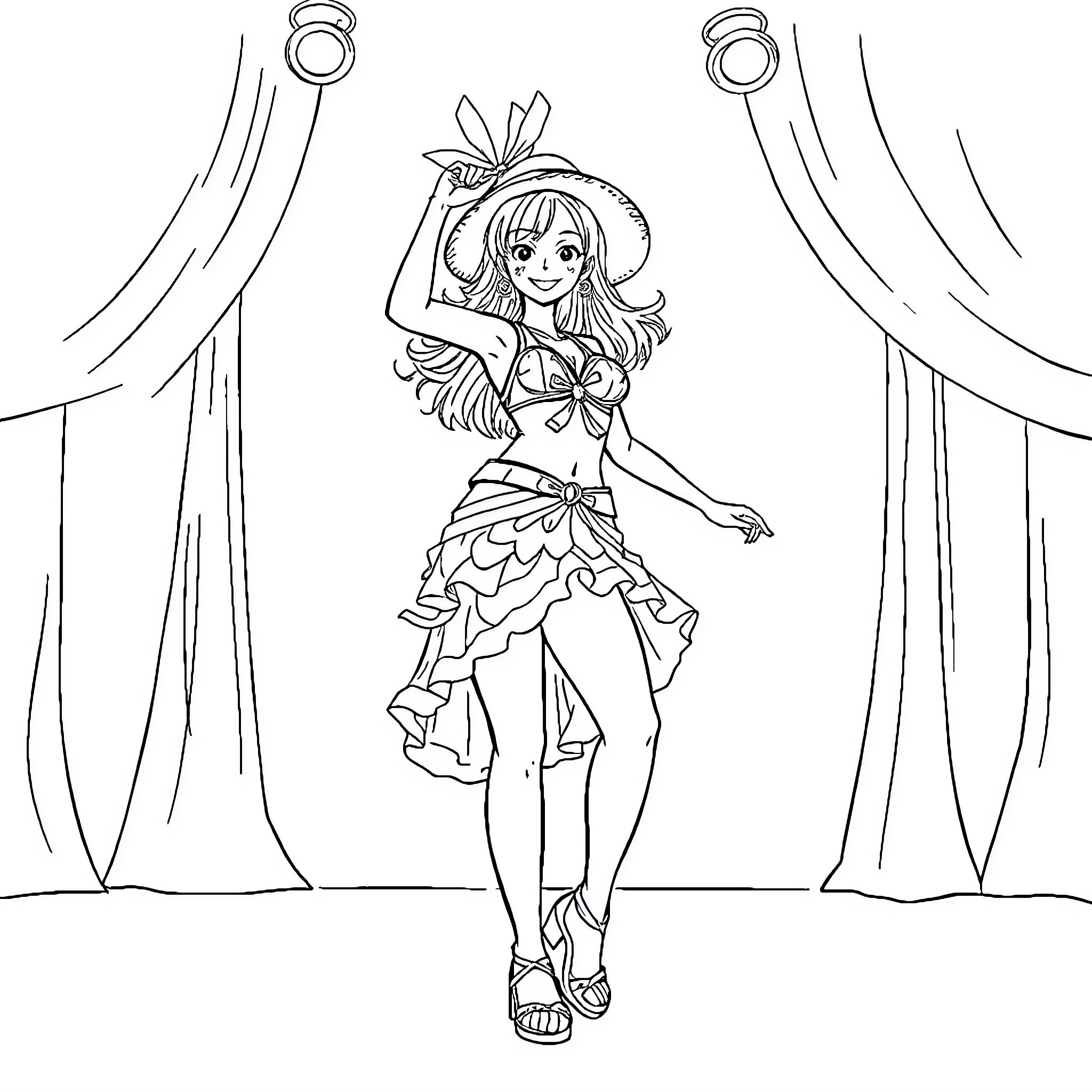 Nami performing on stage in costume Coloring Page (free black-and-white line drawing printable PDF for all, from beginners to advanced learners, including children, teens, adults, and seniors)
