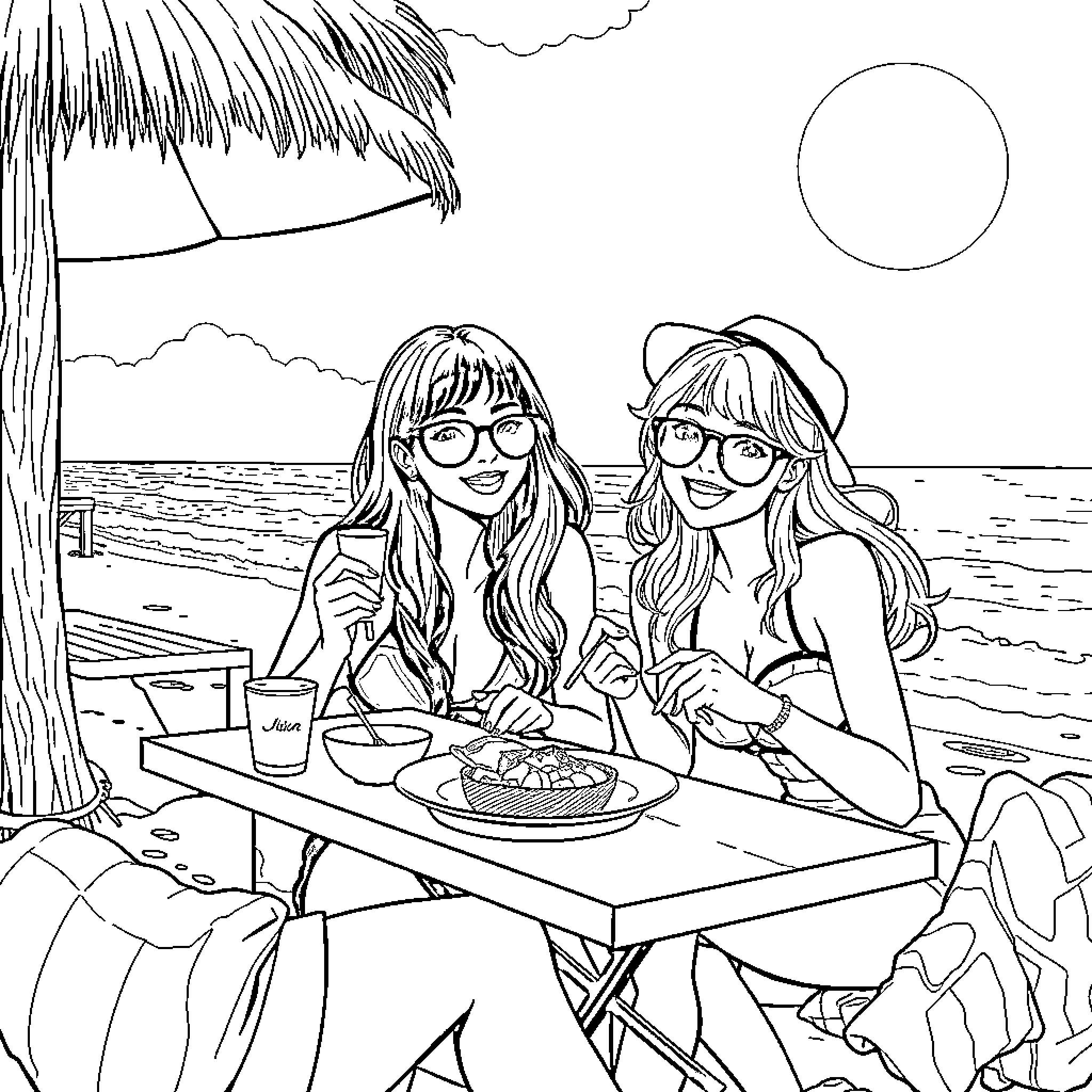 Guerrera Friends Enjoying Beachside Meal Coloring Page (free black-and-white line drawing printable PDF for all, from beginners to advanced learners, including children, teens, adults, and seniors)