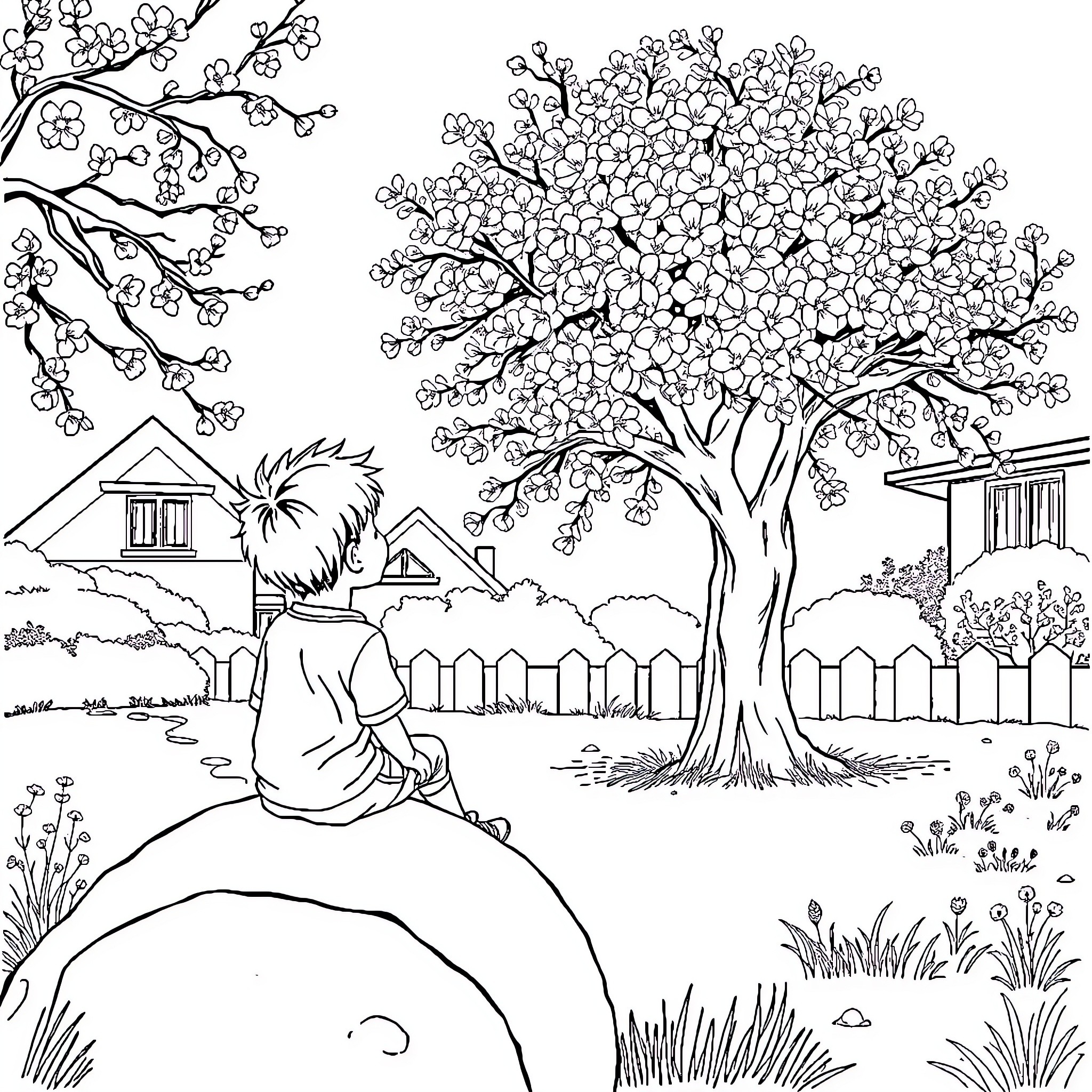 Boy sitting under blooming tree in serene landscape Coloring Page (free black-and-white line drawing printable PDF for all, from beginners to advanced learners, including children, teens, adults, and seniors)