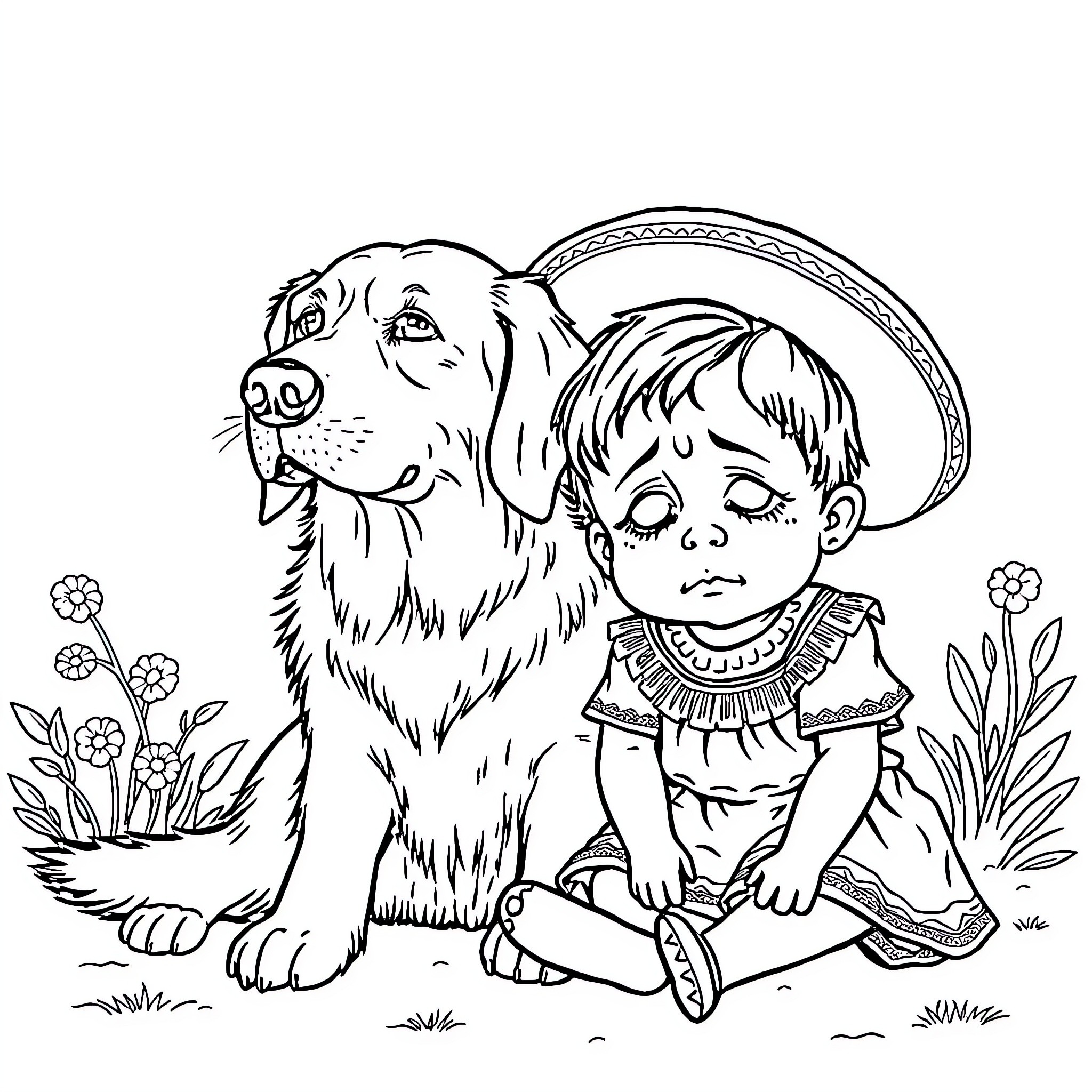 Retriever and a Young Girl in a Countryside Scene Coloring Page (free black-and-white line drawing printable PDF for all, from beginners to advanced learners, including children, teens, adults, and seniors)