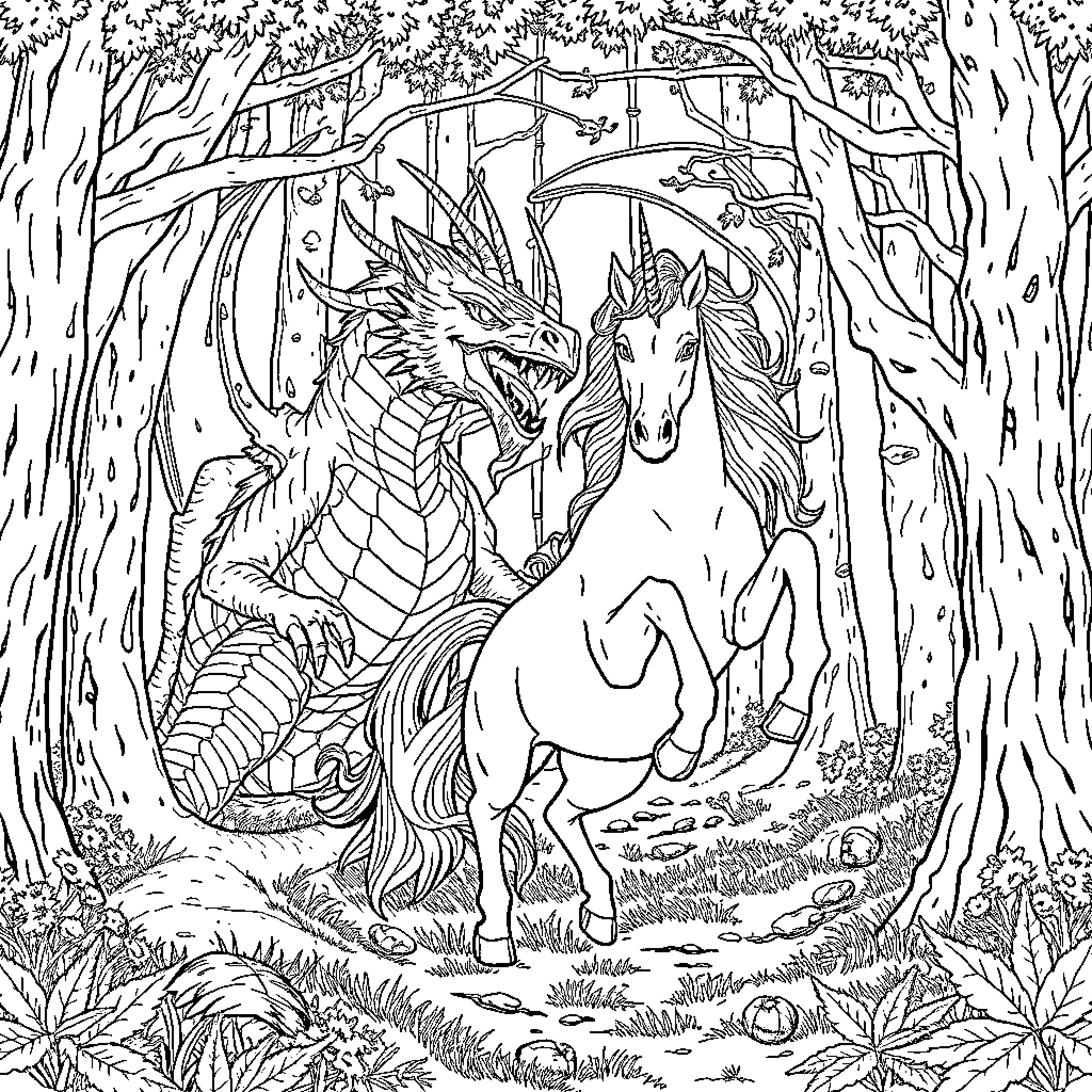 Unicorn and dragon meeting in enchanted forest Coloring Page (free black-and-white line drawing printable PDF for all, from beginners to advanced learners, including children, teens, adults, and seniors)