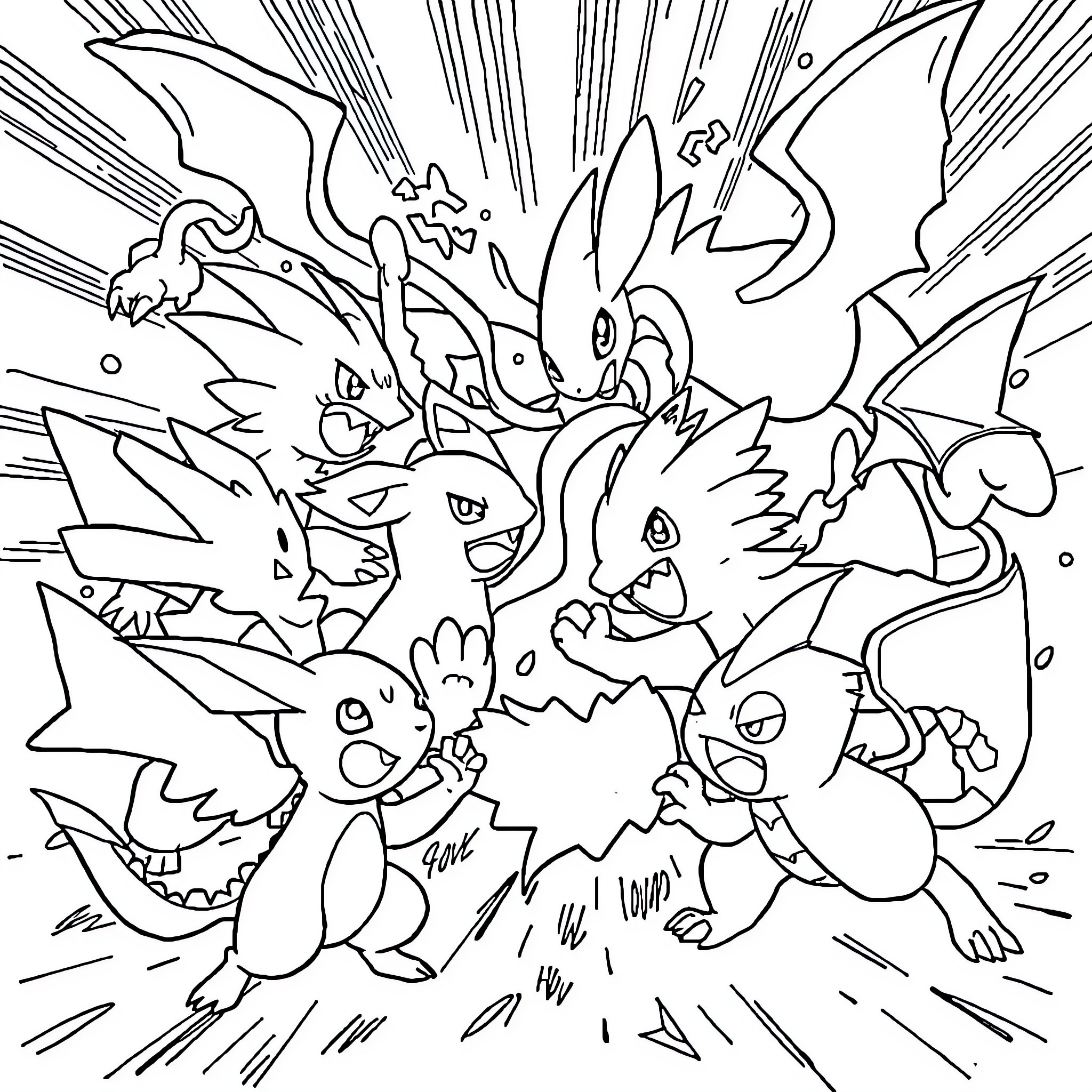 Pokémon Intense Battle Scene Coloring Page (free black-and-white line drawing printable PDF for all, from beginners to advanced learners, including children, teens, adults, and seniors)