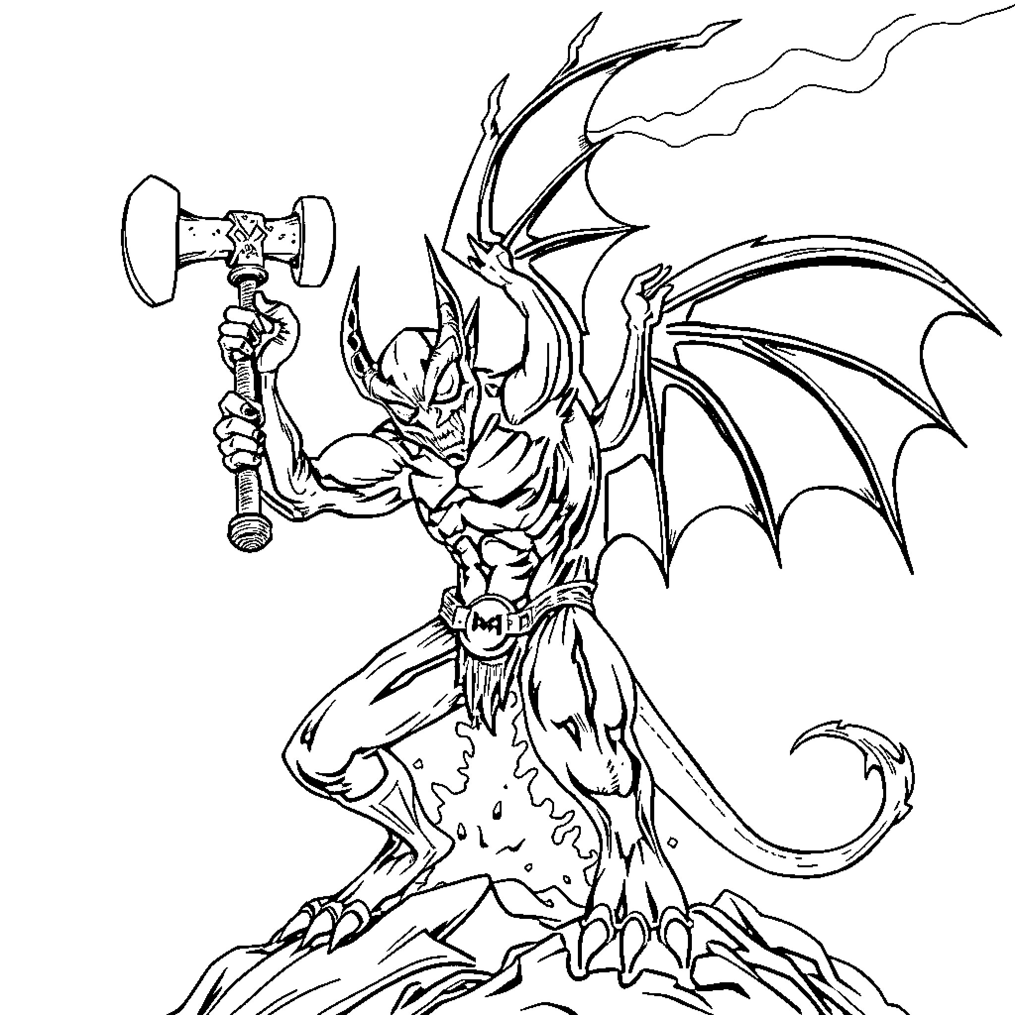 Bat Demon unleashing destruction with a mace Coloring Page (free black-and-white line drawing printable PDF for all, from beginners to advanced learners, including children, teens, adults, and seniors)