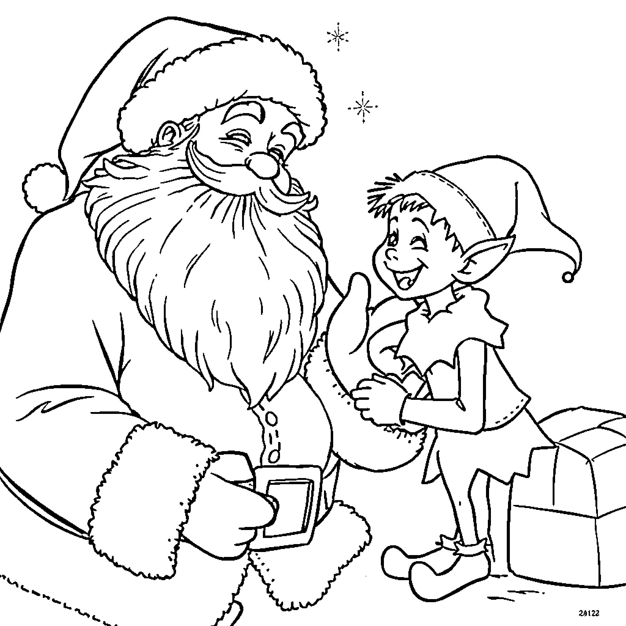 Santa and Helper Elf Enjoying the Holidays Coloring Page (free black-and-white line drawing printable PDF for all, from beginners to advanced learners, including children, teens, adults, and seniors)