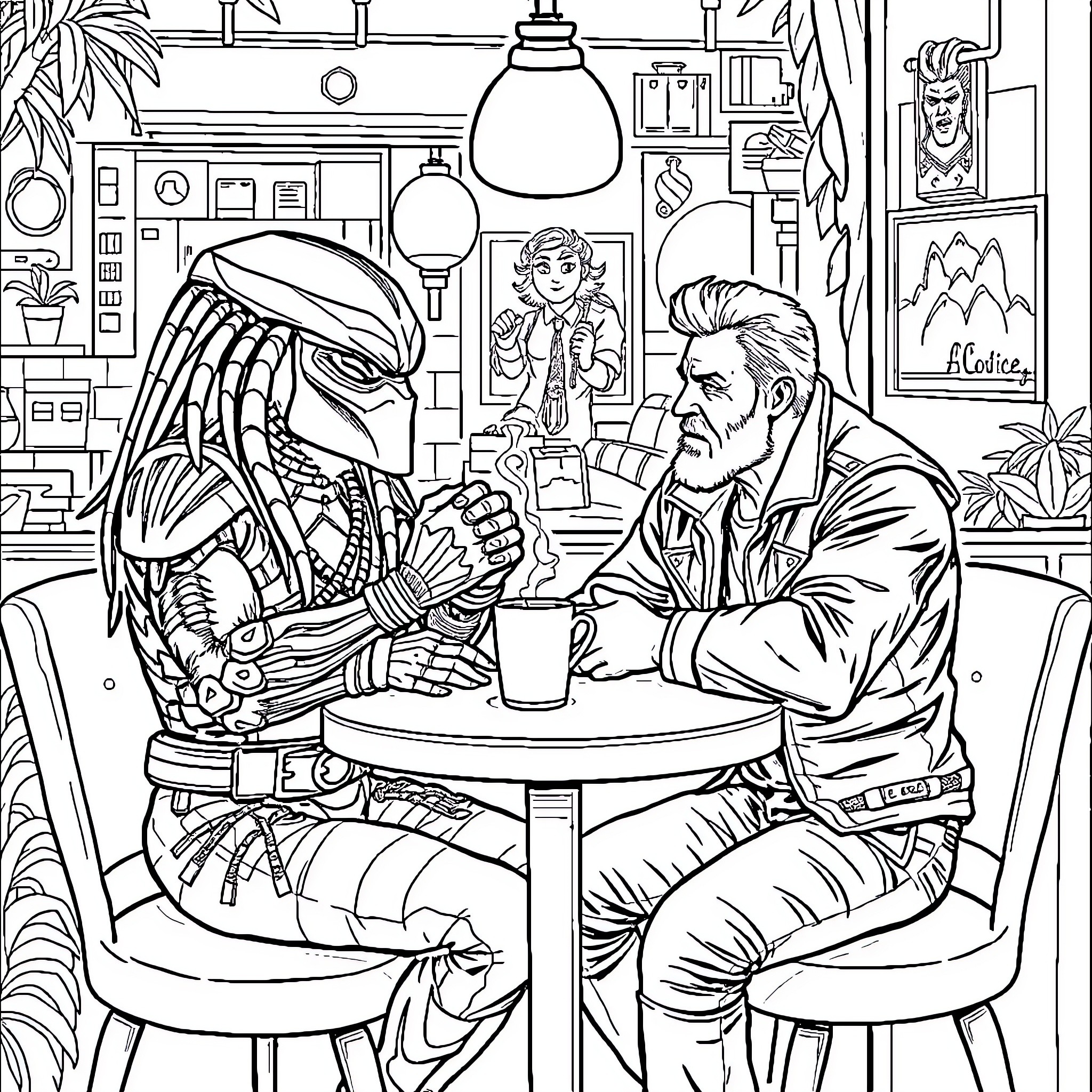 Predator enjoying coffee with human in cozy cafe Coloring Page (free black-and-white line drawing printable PDF for all, from beginners to advanced learners, including children, teens, adults, and seniors)